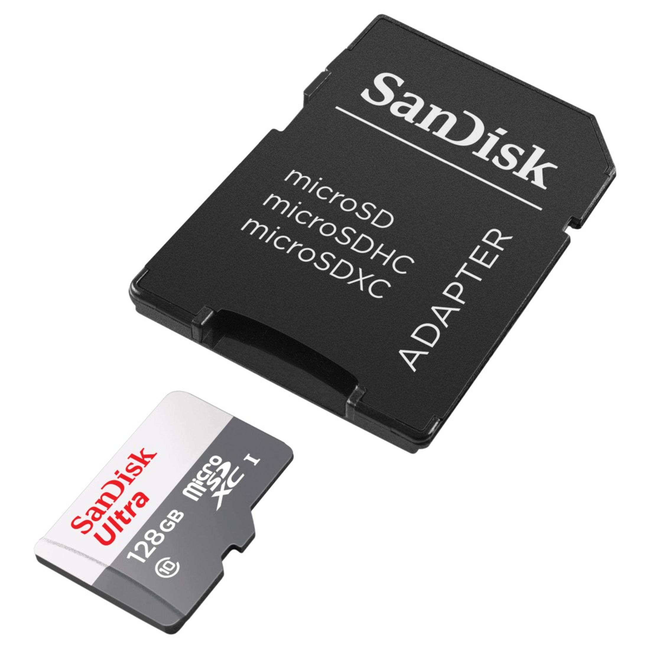 SanDisk SD-Karte und Adapter sowie eine 128GB MicroSD-Karte auf weißem Grund.