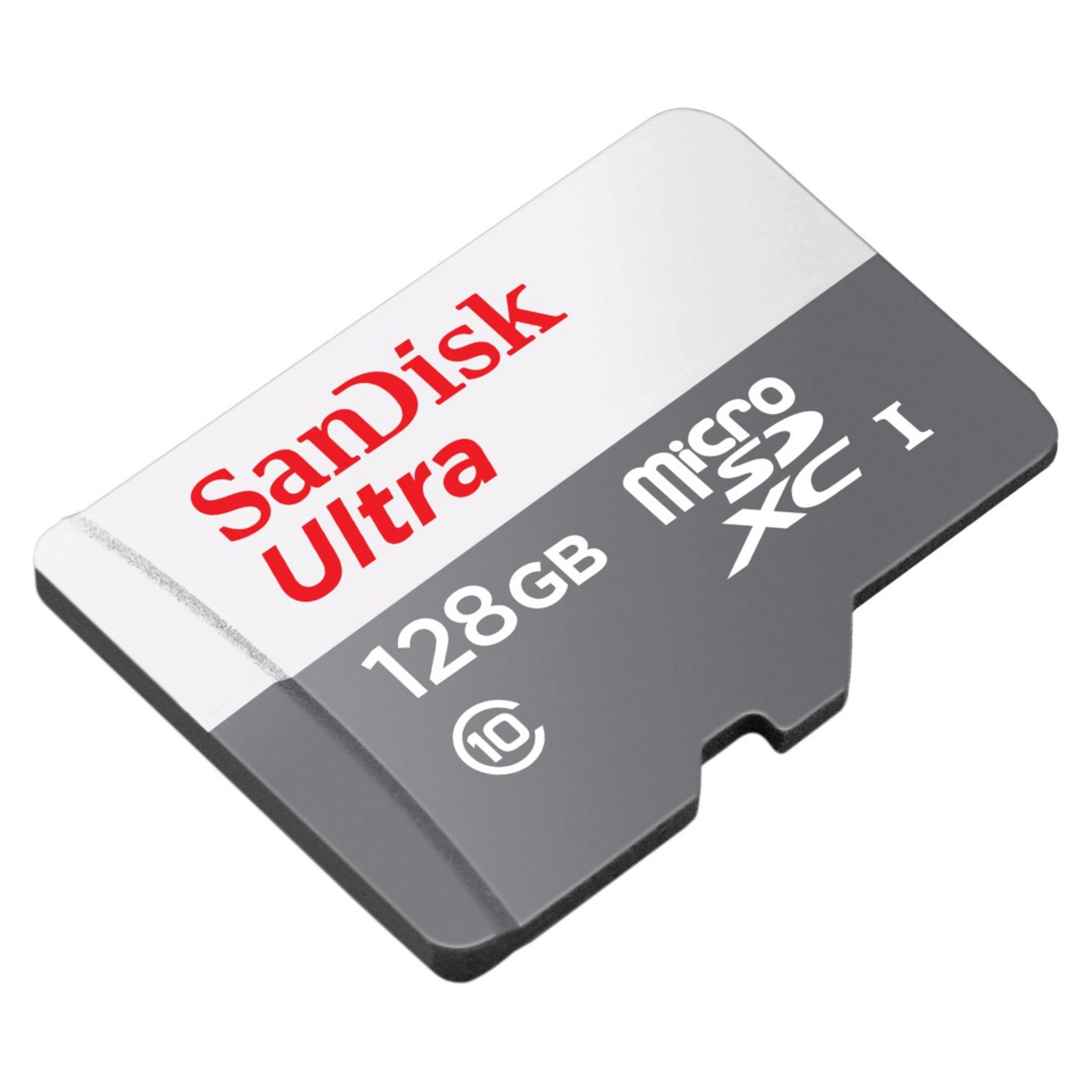 MicroSD-Karte mit 'SanDisk Ultra 128GB' Text und Logo auf grau-weißem Hintergrund.