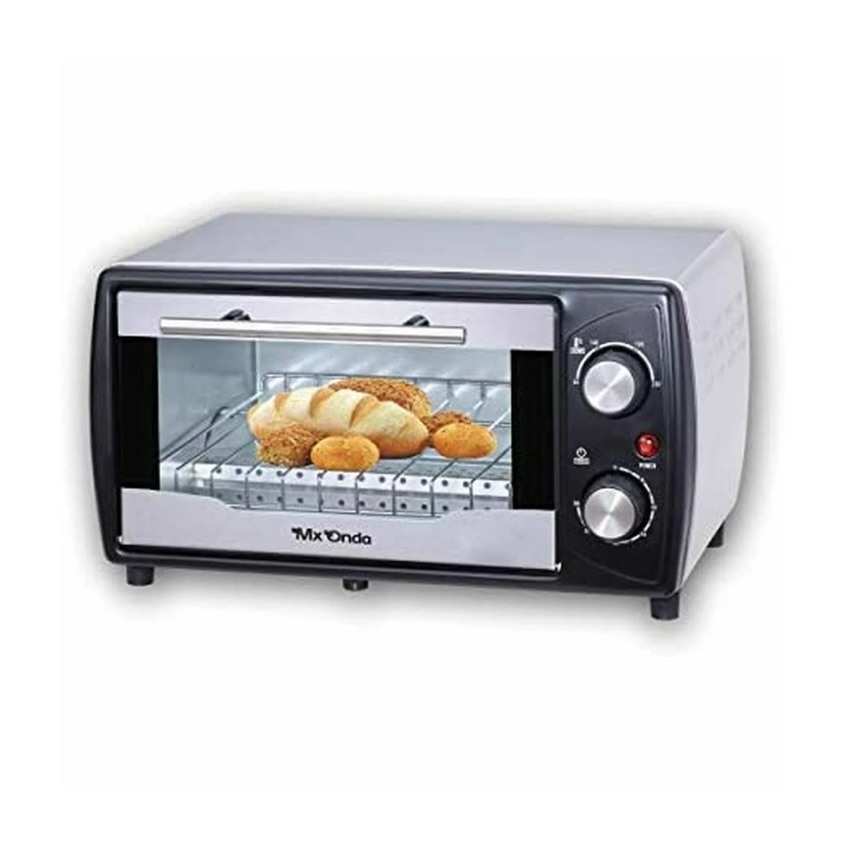 Mały piekarnik z chlebem w środku. Jest na białej powierzchni, przód jest przezroczysty.