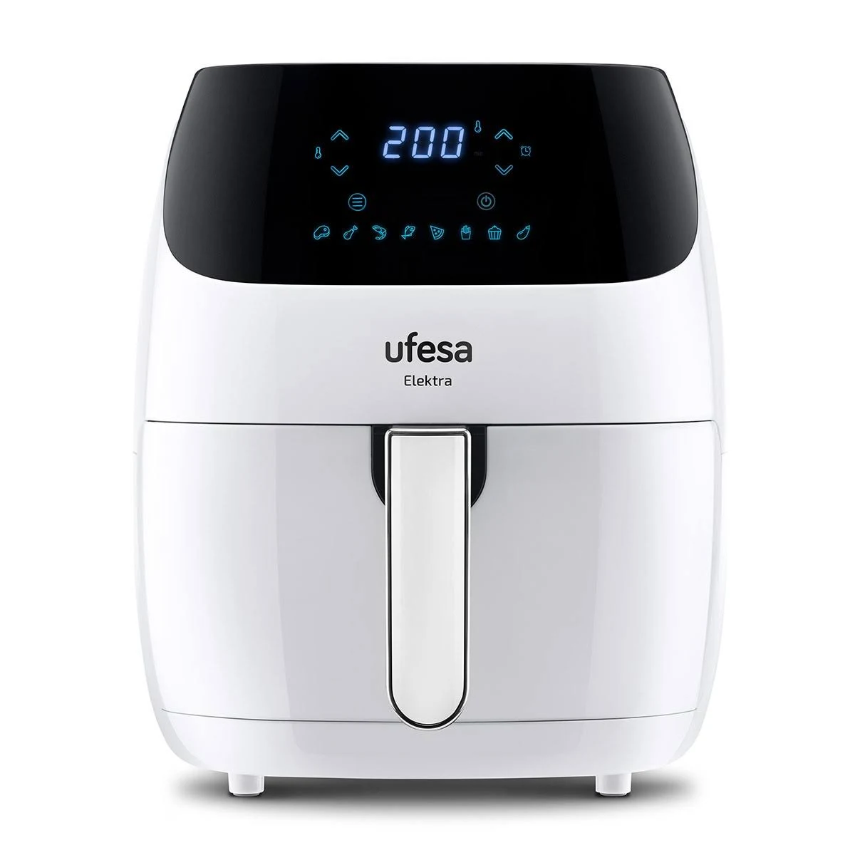 Freidora de aire blanca con pantalla digital que muestra '200' grados. La marca es ufesa Elektra.