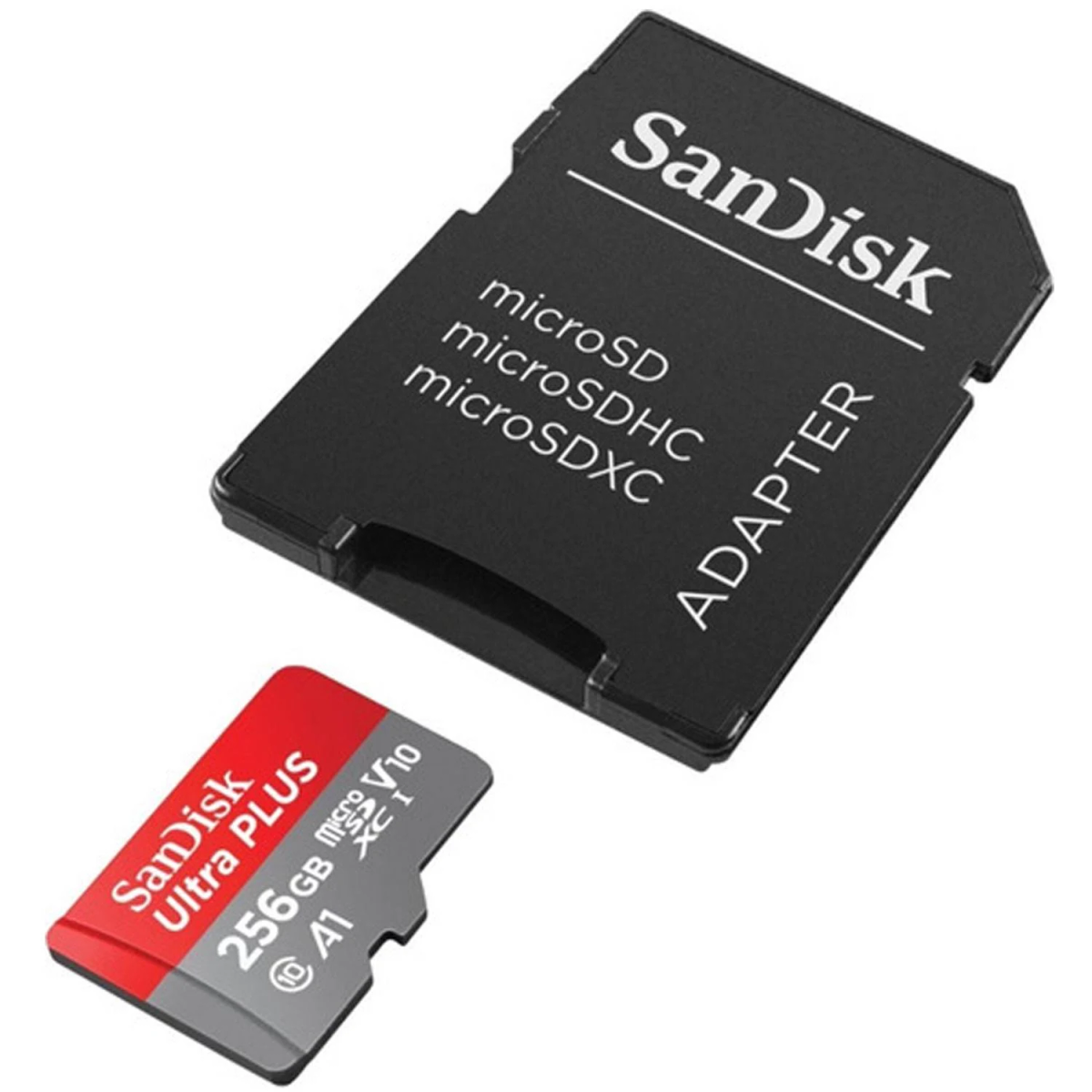 Scheda microSD Sandisk con adattatore. Scheda rossa/bianca, adattatore nero con testo bianco.