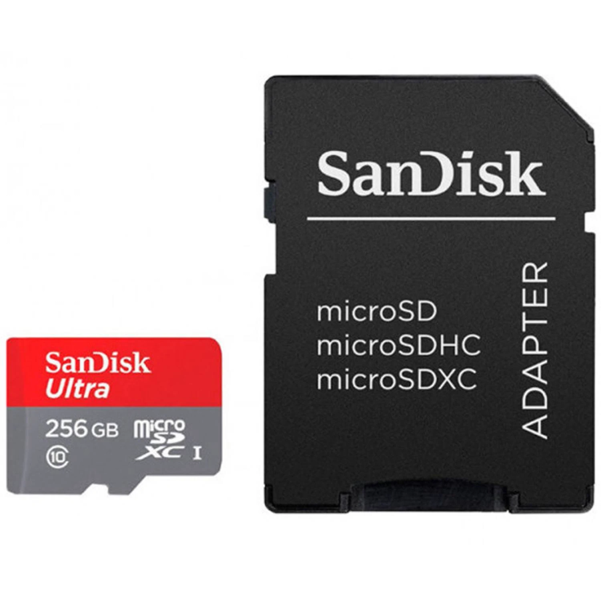 Scheda SD SanDisk Ultra e adattatore. Scheda rossa con adattatore nero. Testo visibile.