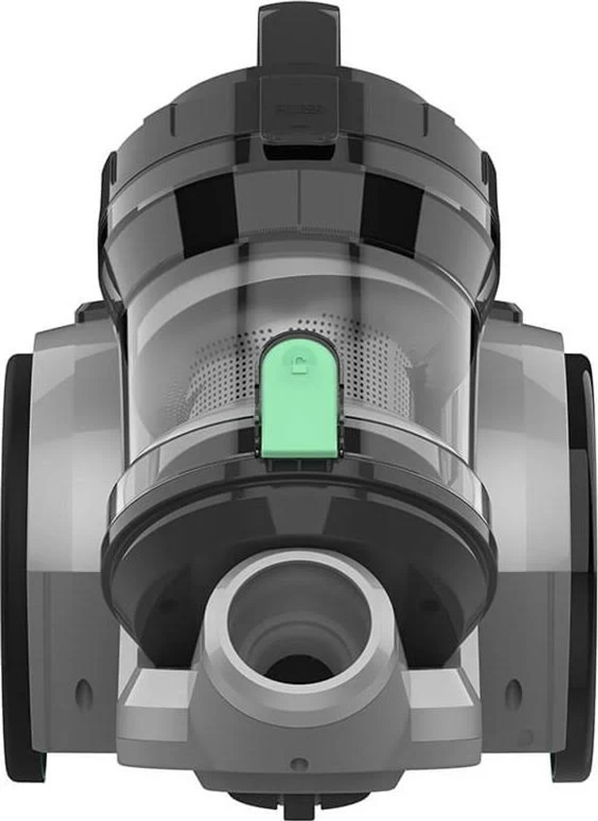 Przezroczysty i szary odkurzacz z zielonym przyciskiem i okrągłym otworem.