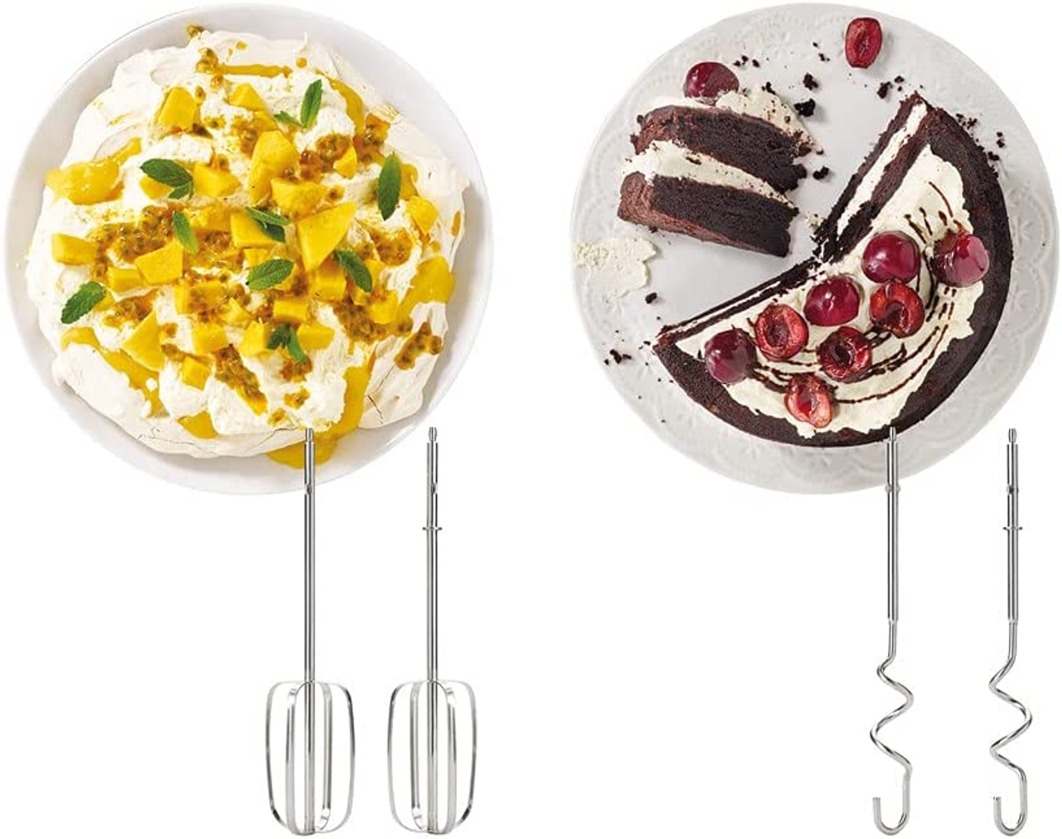 Twee borden met desserts: een met mango en passievrucht, de andere met chocoladetaart en kersen, met mixgereedschap.