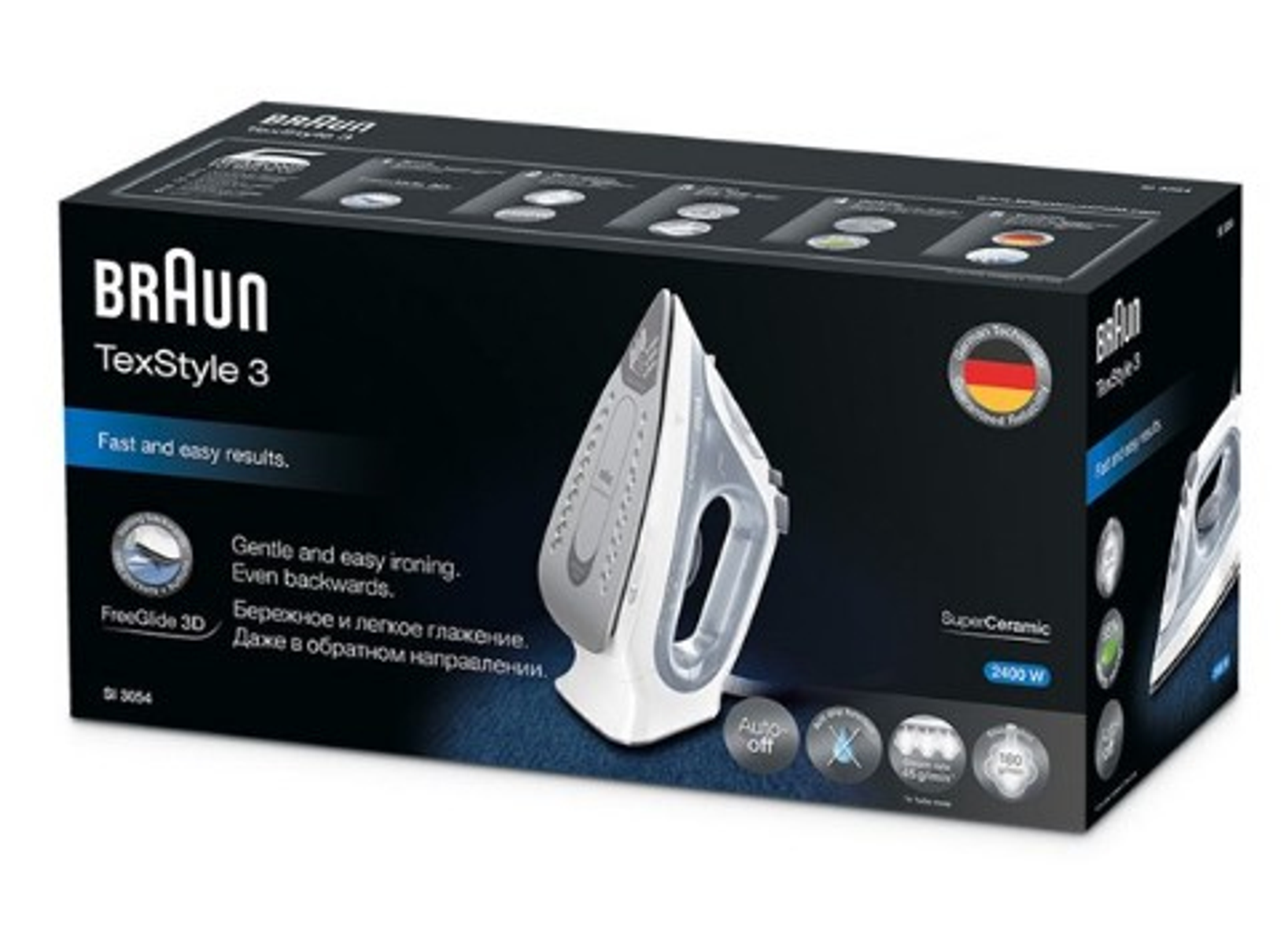 Ein Bügeleisenkarton von Braun TexStyle 3. Es hat ein weißes Bügeleisen mit einer schwarzen und blauen Box.