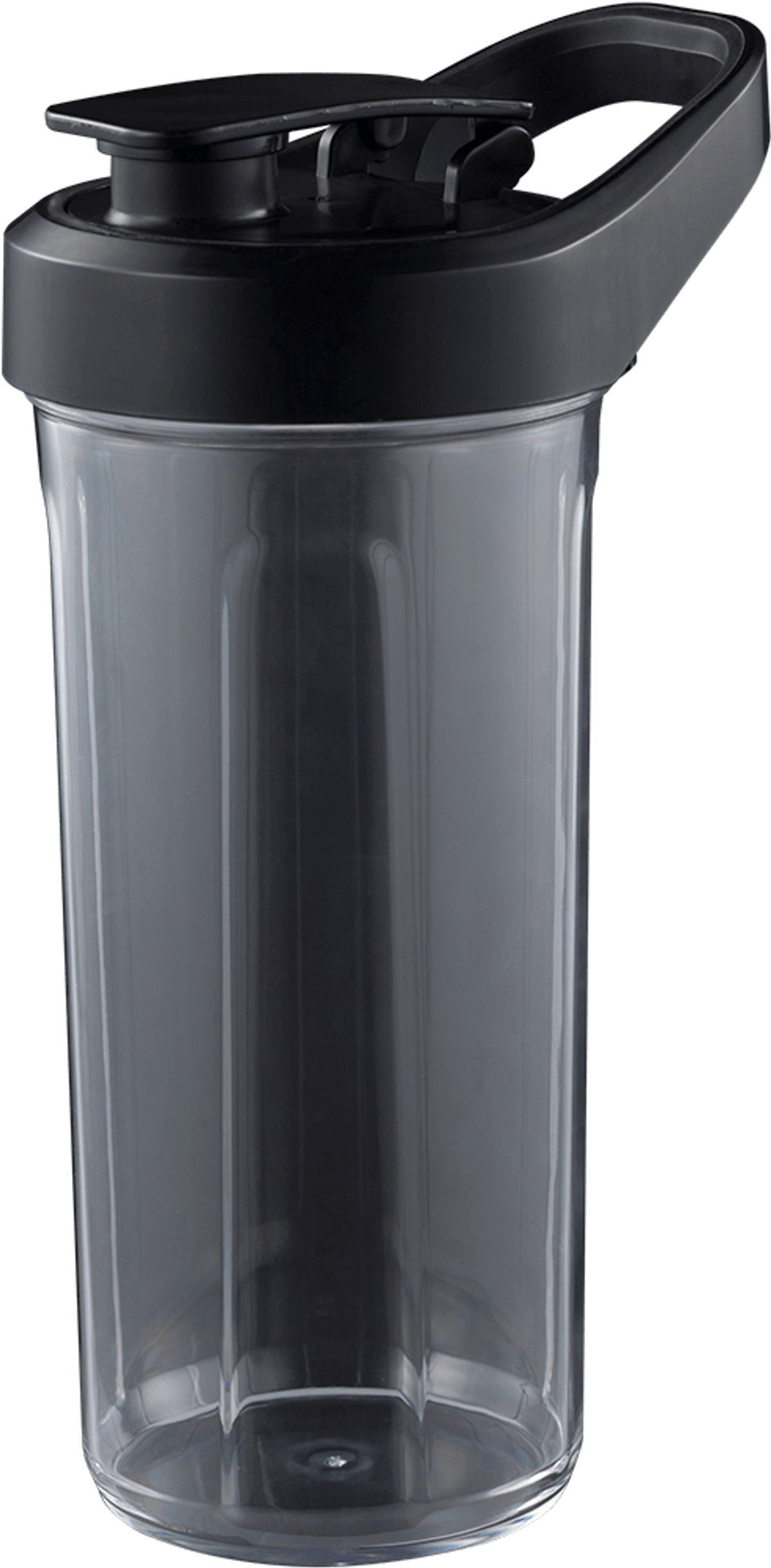 Botella de agua de plástico transparente con tapa y asa negras, parcialmente llena de líquido oscuro.