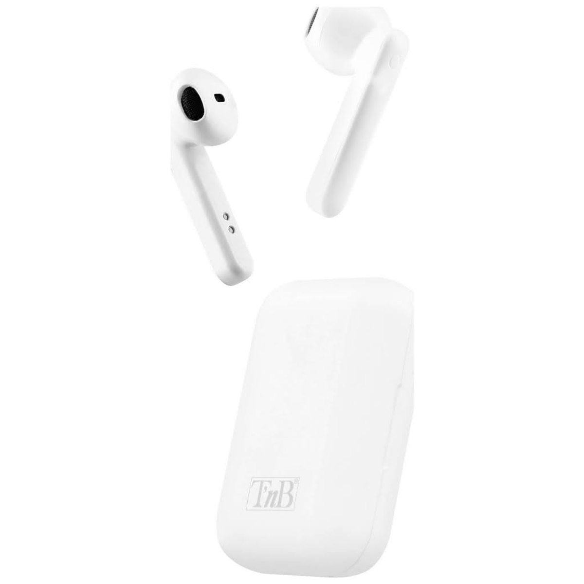 Auricolari wireless bianchi e una custodia di ricarica su sfondo bianco. La custodia ha un logo del marchio.