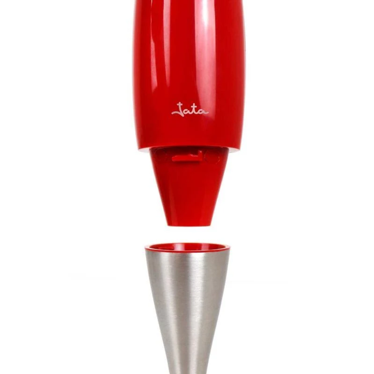 Utensilio de cocina rojo y plateado. La parte superior roja está etiquetada como "Jata".