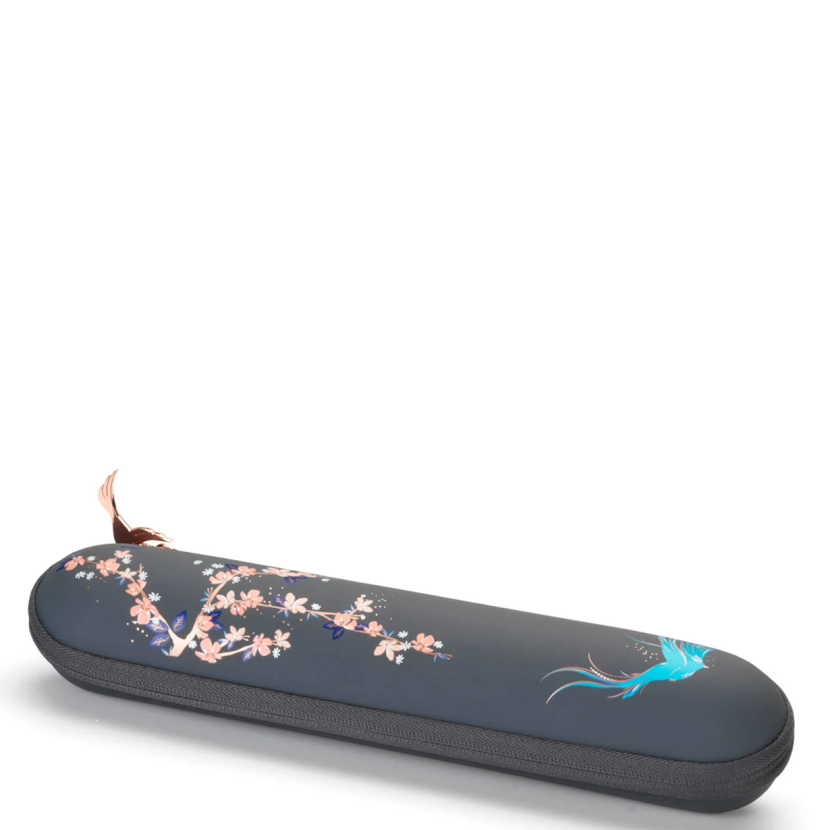 Federmäppchen mit floralem Design und blauem Vogel. Es ist grau.