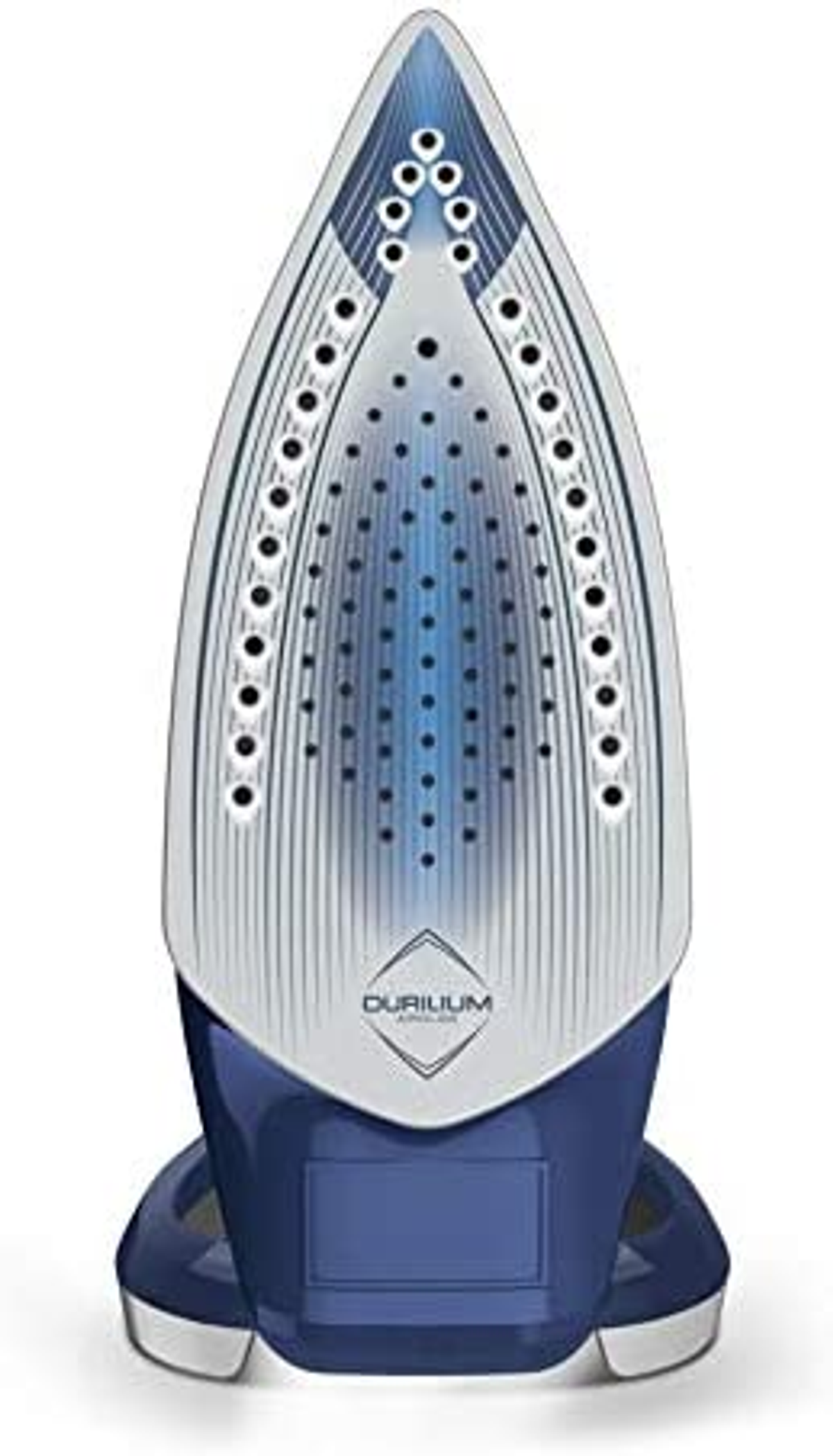 Iron soleplate with blue and white design. Features steam vents and a pointed tip.