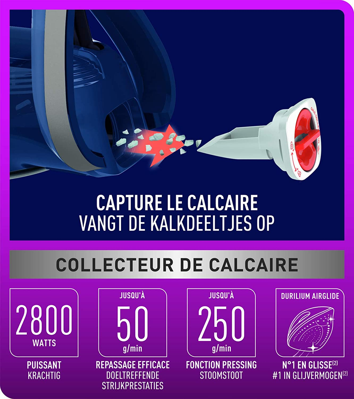Blue iron with product information, white background, and text related to calcification.