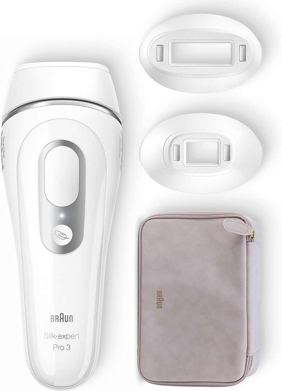 Białe urządzenie do usuwania włosów z akcesoriami i torbą transportową na białym tle.
