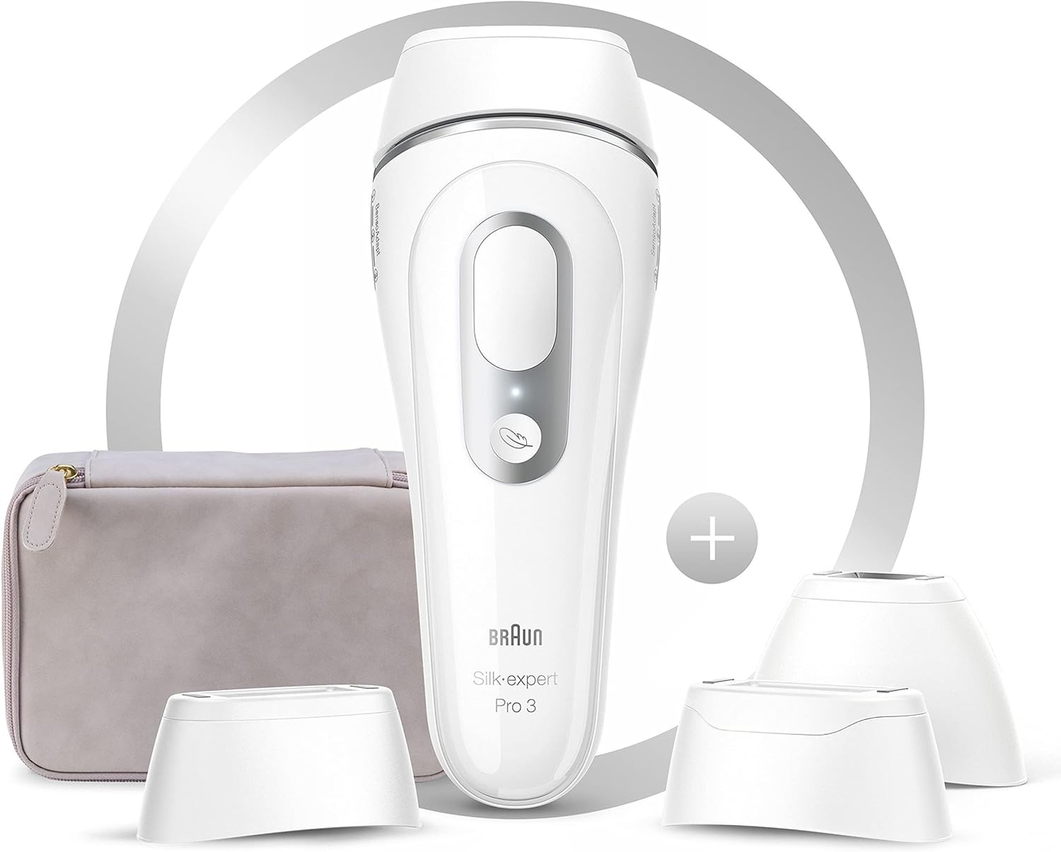 Białe urządzenie IPL Braun Silk-expert Pro 3 z akcesoriami: torbą i trzema białymi głowicami.