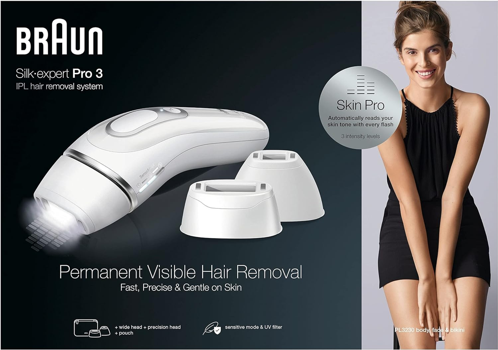 Białe urządzenie do usuwania włosów, dwie białe głowice i uśmiechnięta kobieta w czarnej sukience.