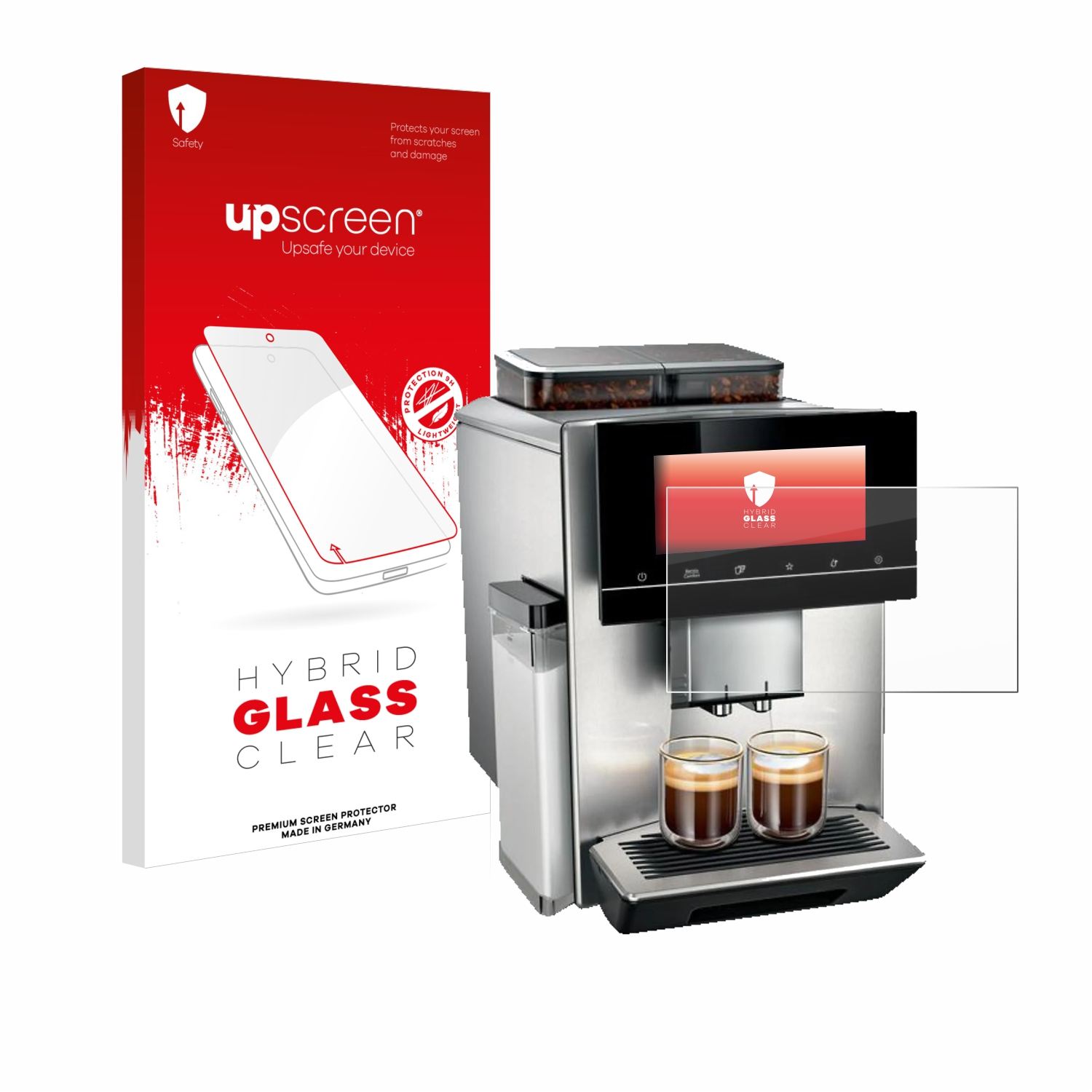 Eine Kaffeemaschine mit zwei Gläsern und Displayschutz, mit einer Verpackung im Hintergrund.