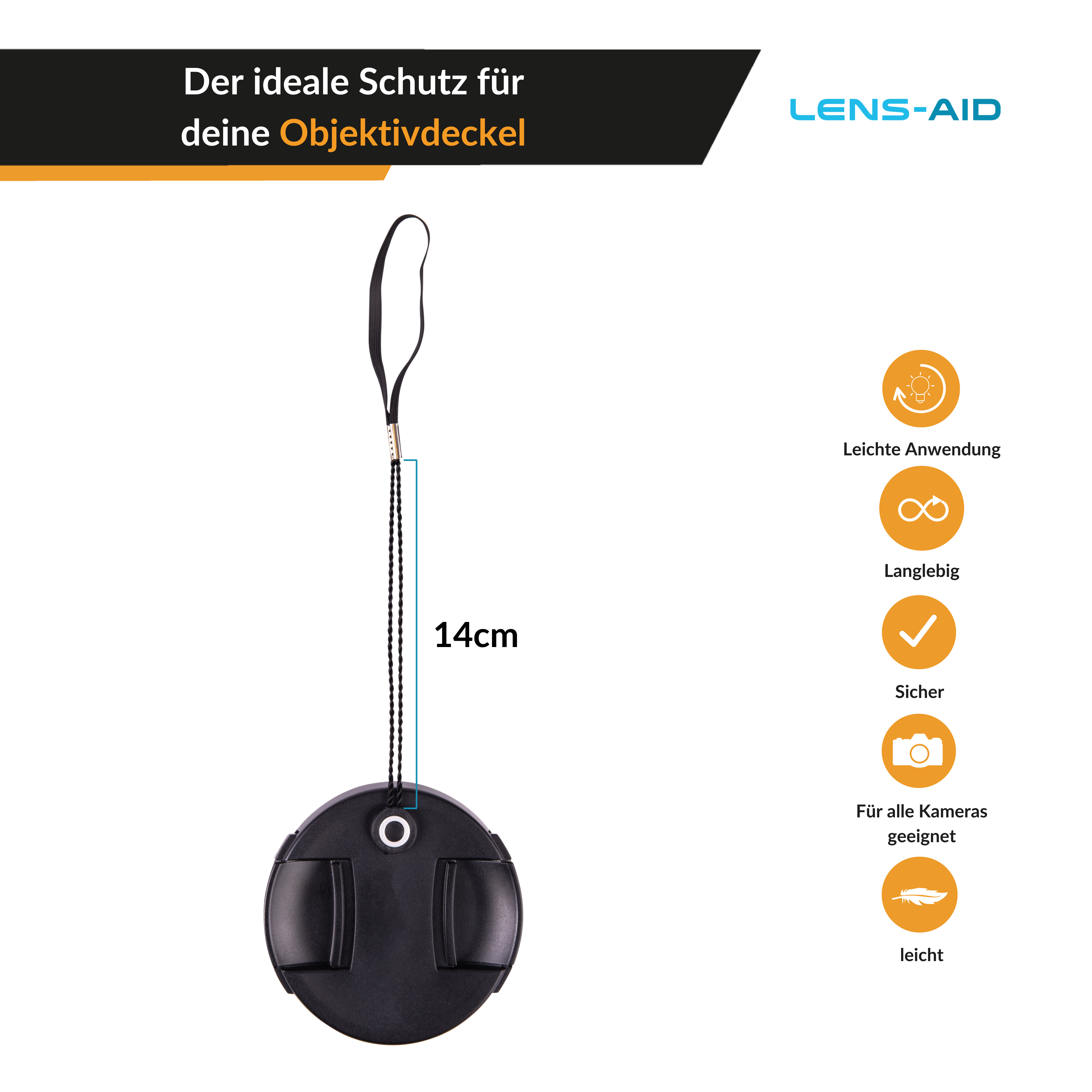 Eine schwarze Objektivkappe mit schwarzem Kordel. Text und Symbole auf weißem Hintergrund.
