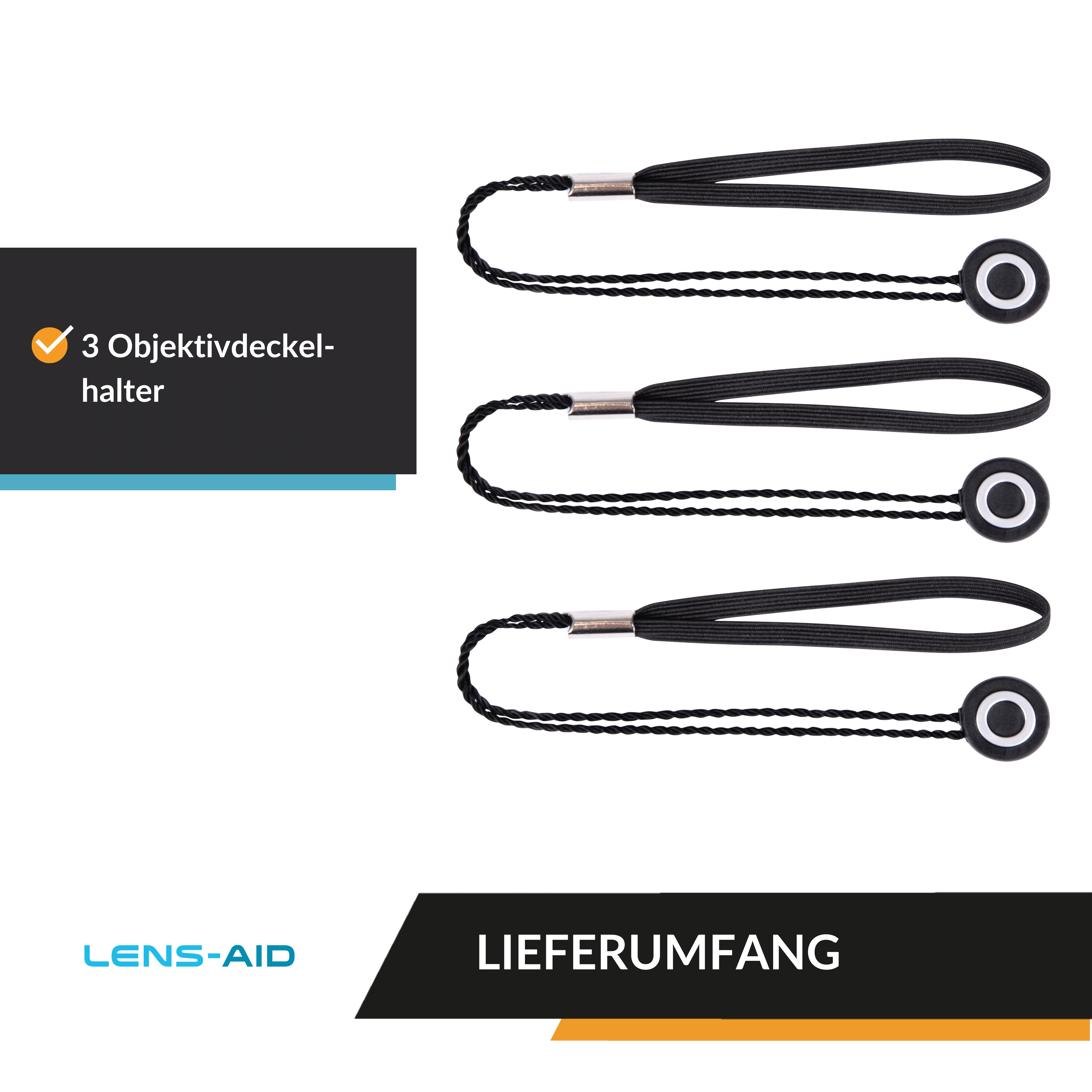 Drei schwarze Objektivdeckelhalter mit schwarzen Kordeln. Text weist auf 3 Halter hin.