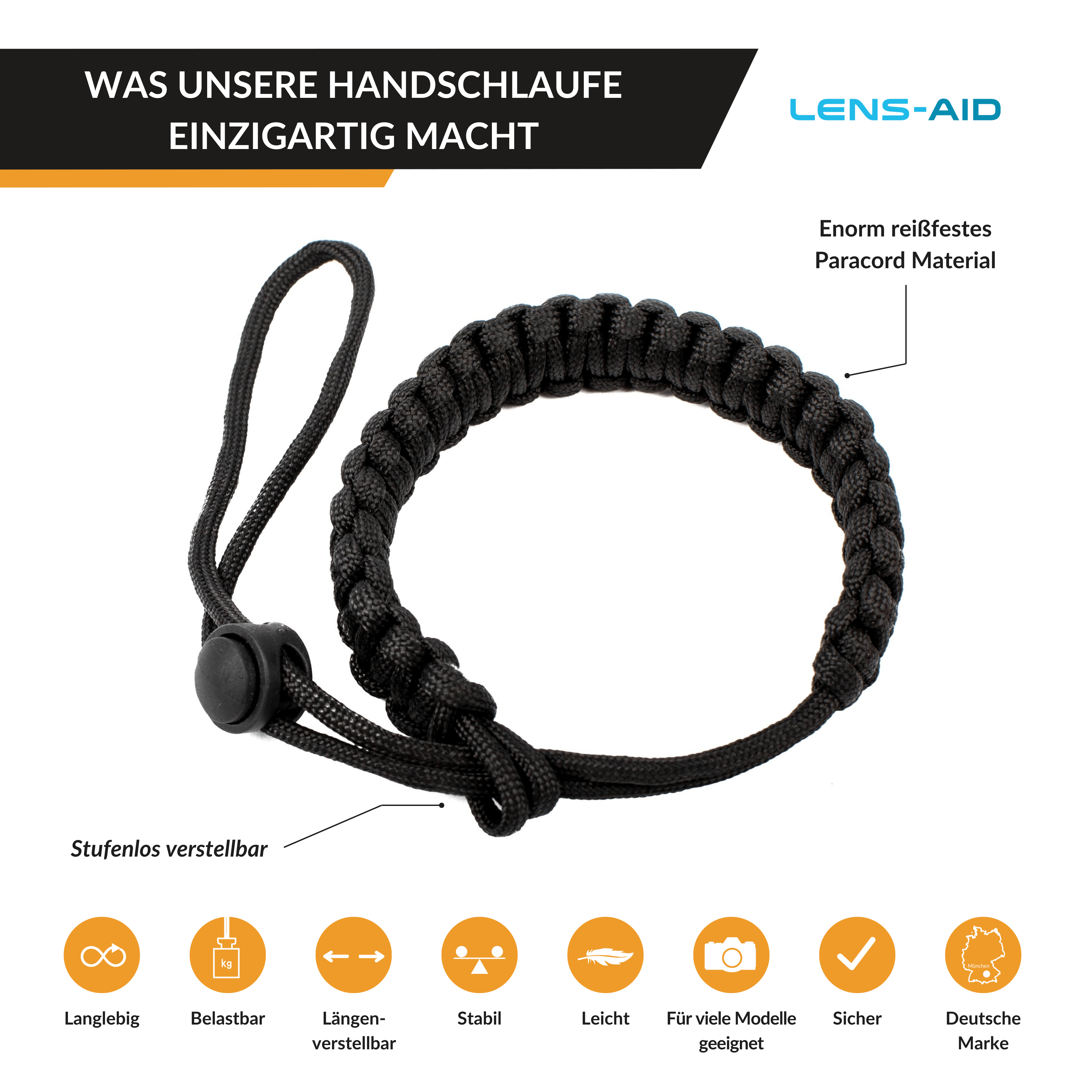 Schwarze, gewebte Paracord-Handgelenkschlaufe mit verstellbarem Verschluss. Text beschreibt Eigenschaften.