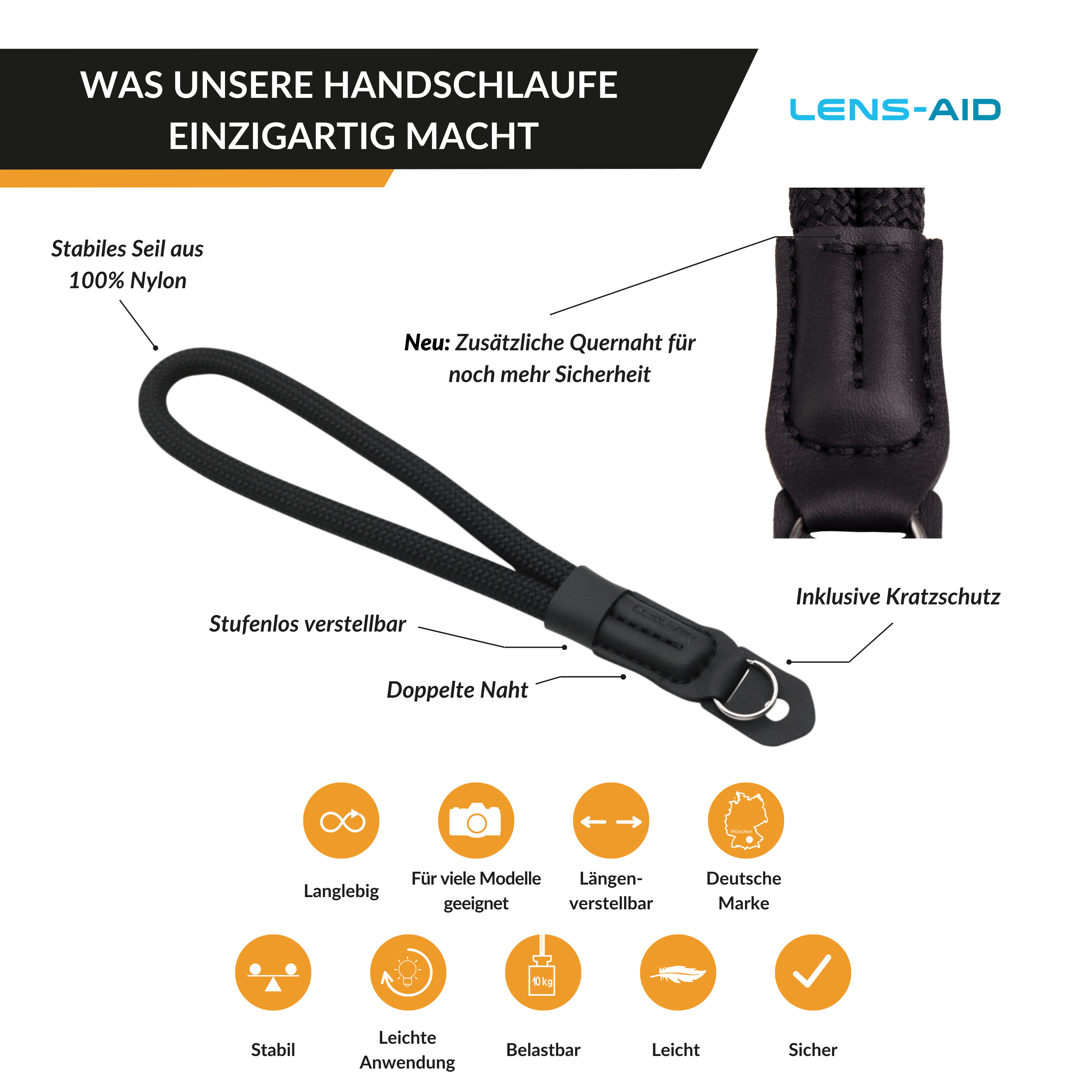 Schwarzer Kameragurt mit Textbeschriftungen. Zeigt Merkmale wie verstellbare Länge und strapazierfähiges Nylon.