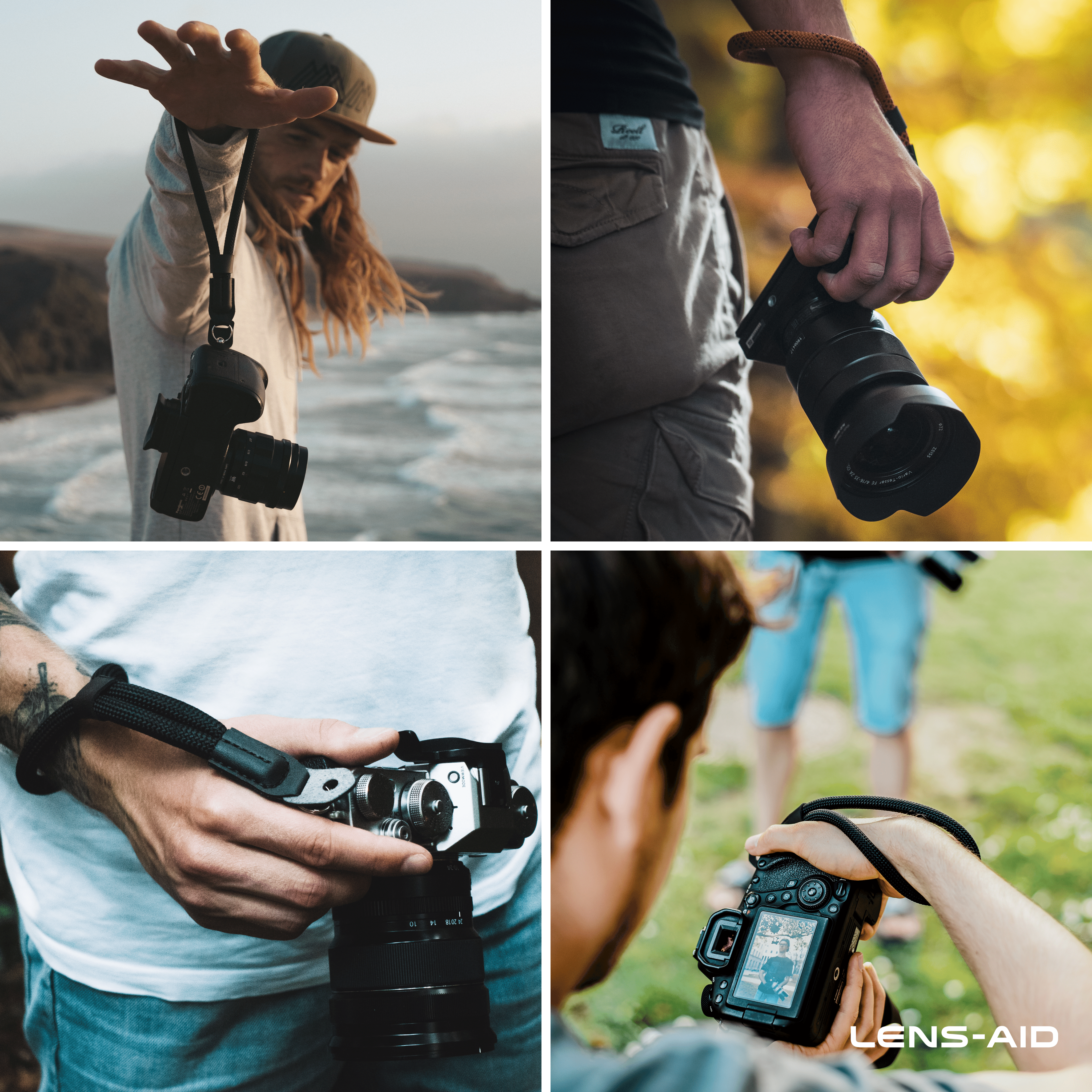 Vier Fotos von Personen, die Kameras mit Gurten halten, verschiedene Einstellungen, alle mit LENS-AID-Logo.