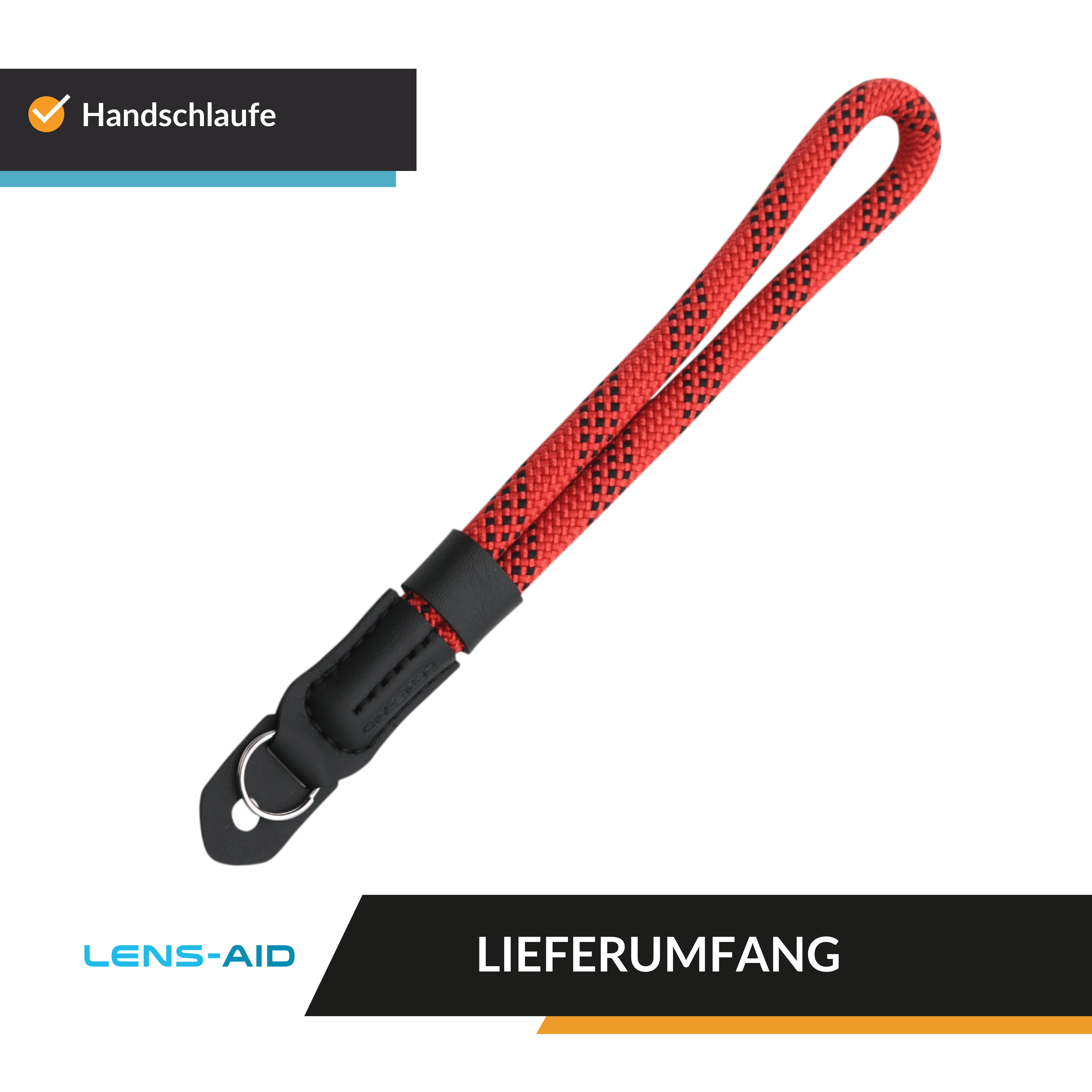 Roter und schwarzer Kamera-Handschlaufe mit schwarzem Lederdetail und Metallring.