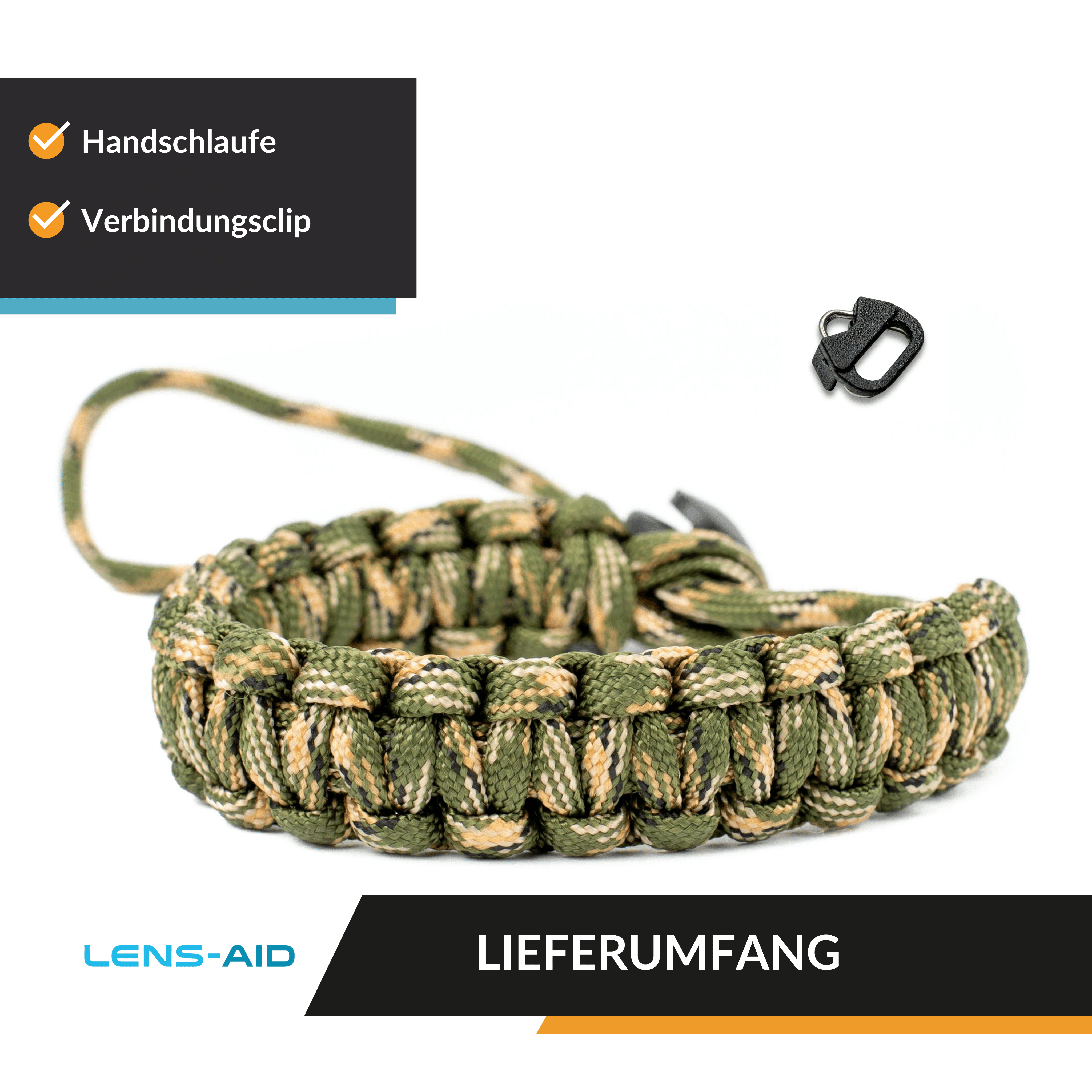 Grünes und beiges geflochtenes Paracord-Armband mit schwarzem Clip und Text auf dem Produkt.