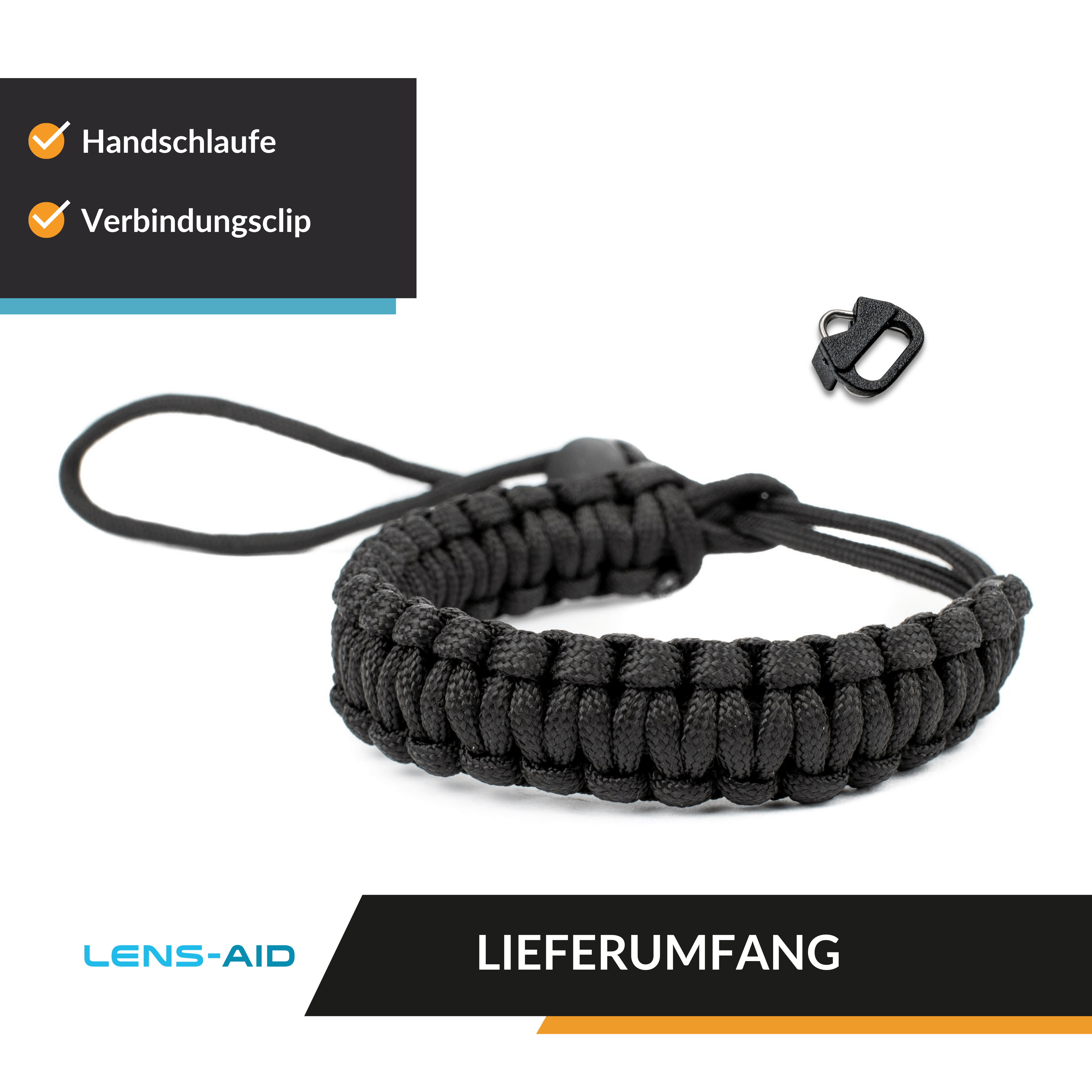 Schwarzes geflochtenes Handgelenkband mit Verschluss und Verbindungsclip.