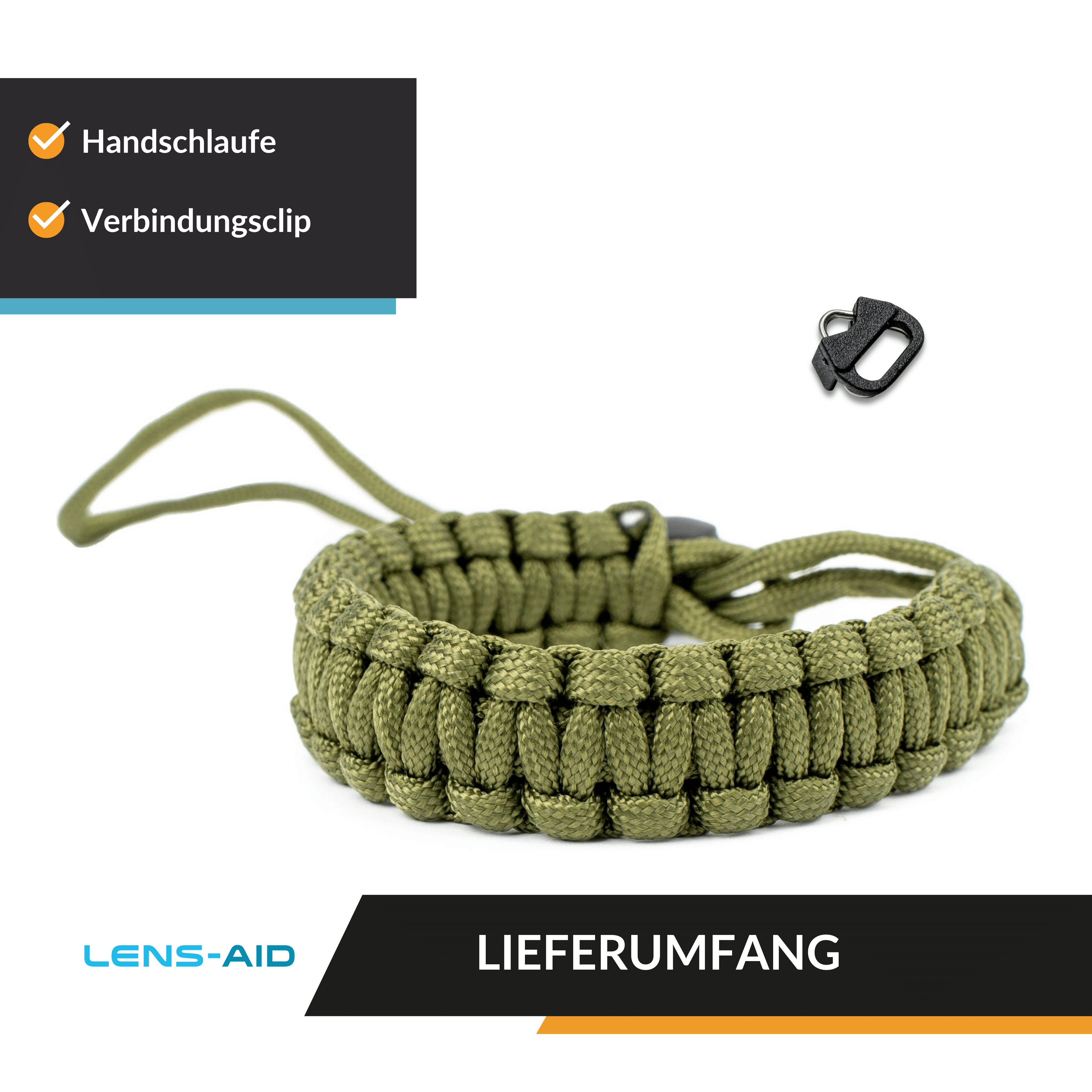 Olivgrüner Handgelenksriemen mit schwarzem Clip. Text: Handschlaufe, Verbindungsclip.