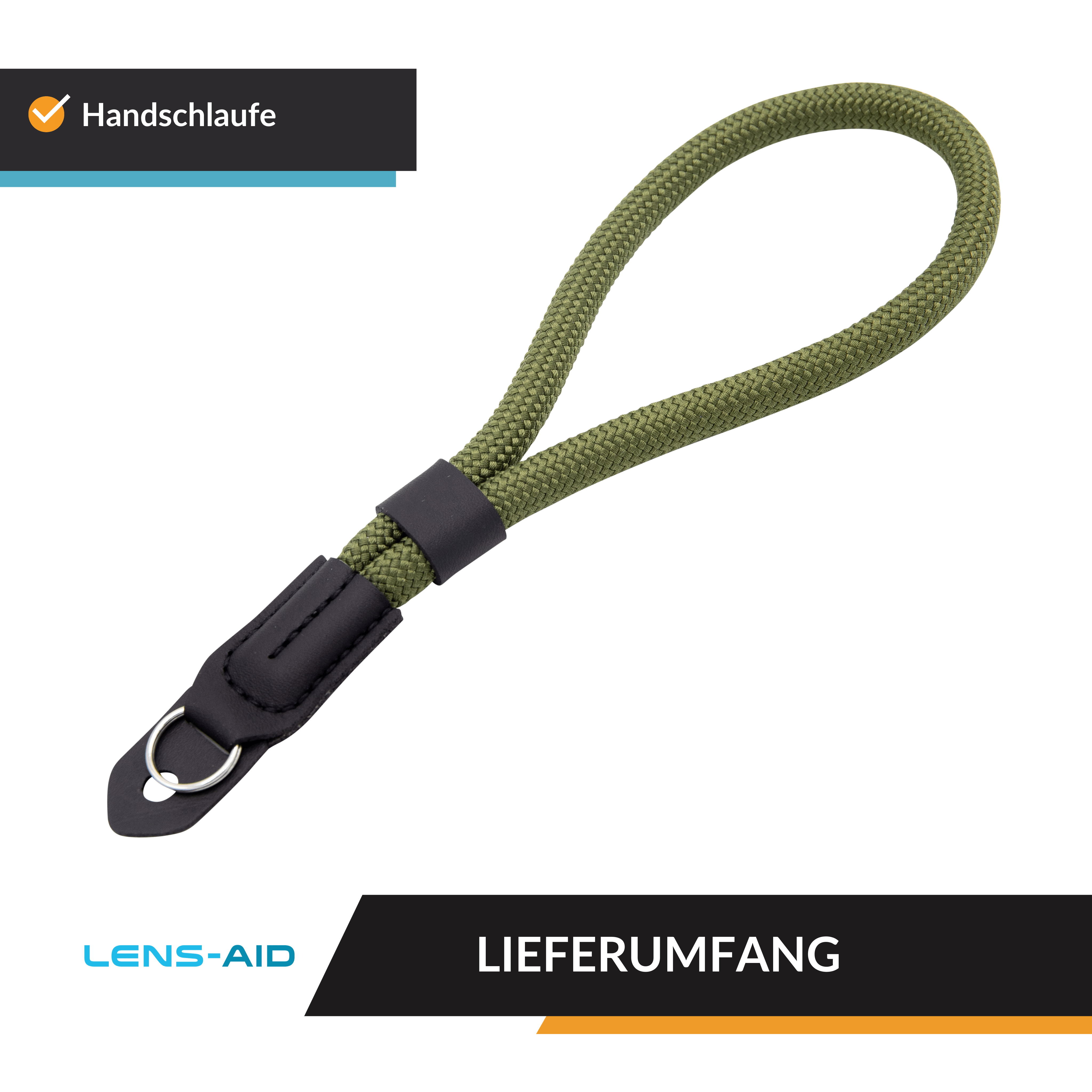 Olivgrüner Kamera-Handschlaufe mit schwarzem Leder und Metallring.