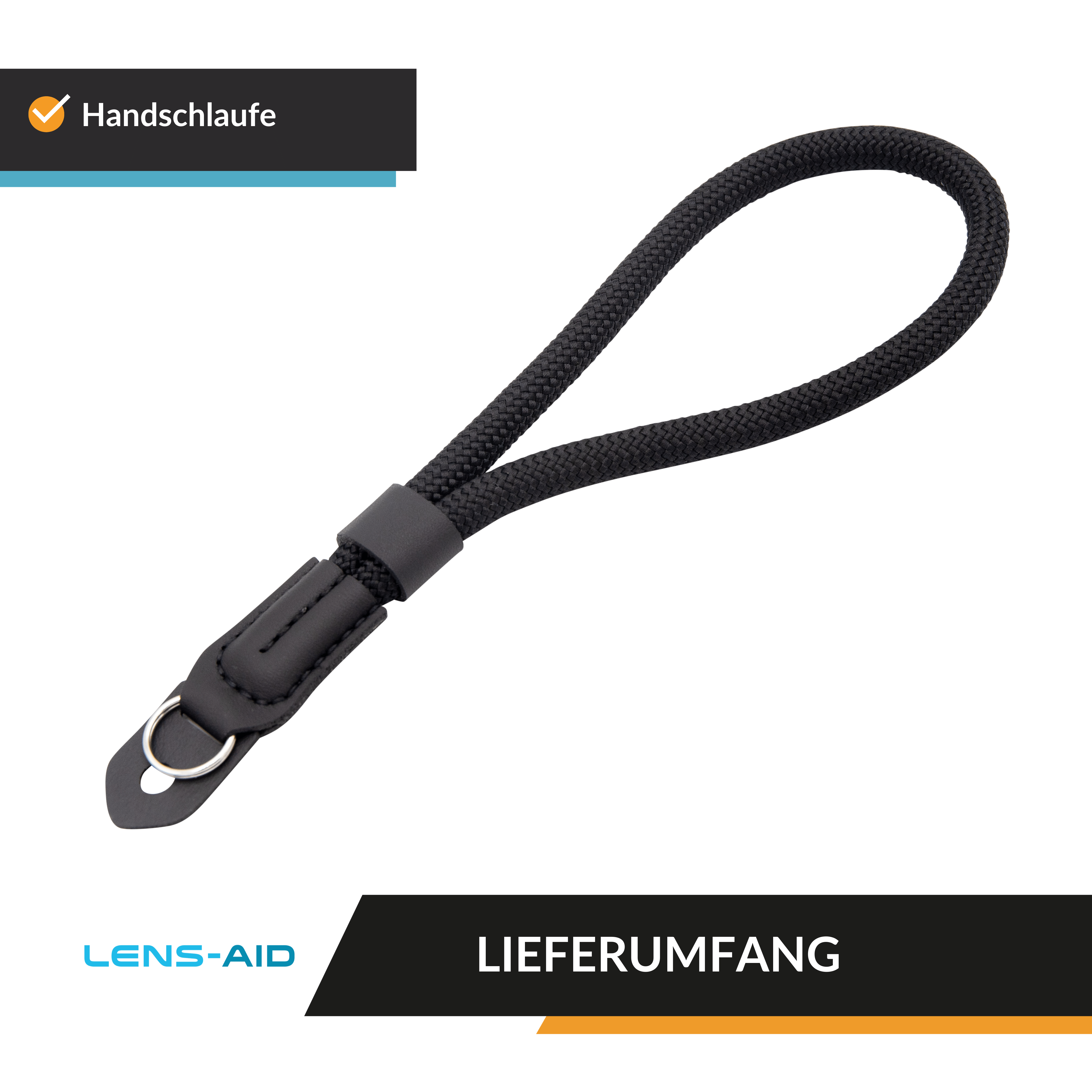 Eine schwarze Handschlaufe mit dem Text: Handschlaufe, LENS-AID und LIEFERUMFANG.
