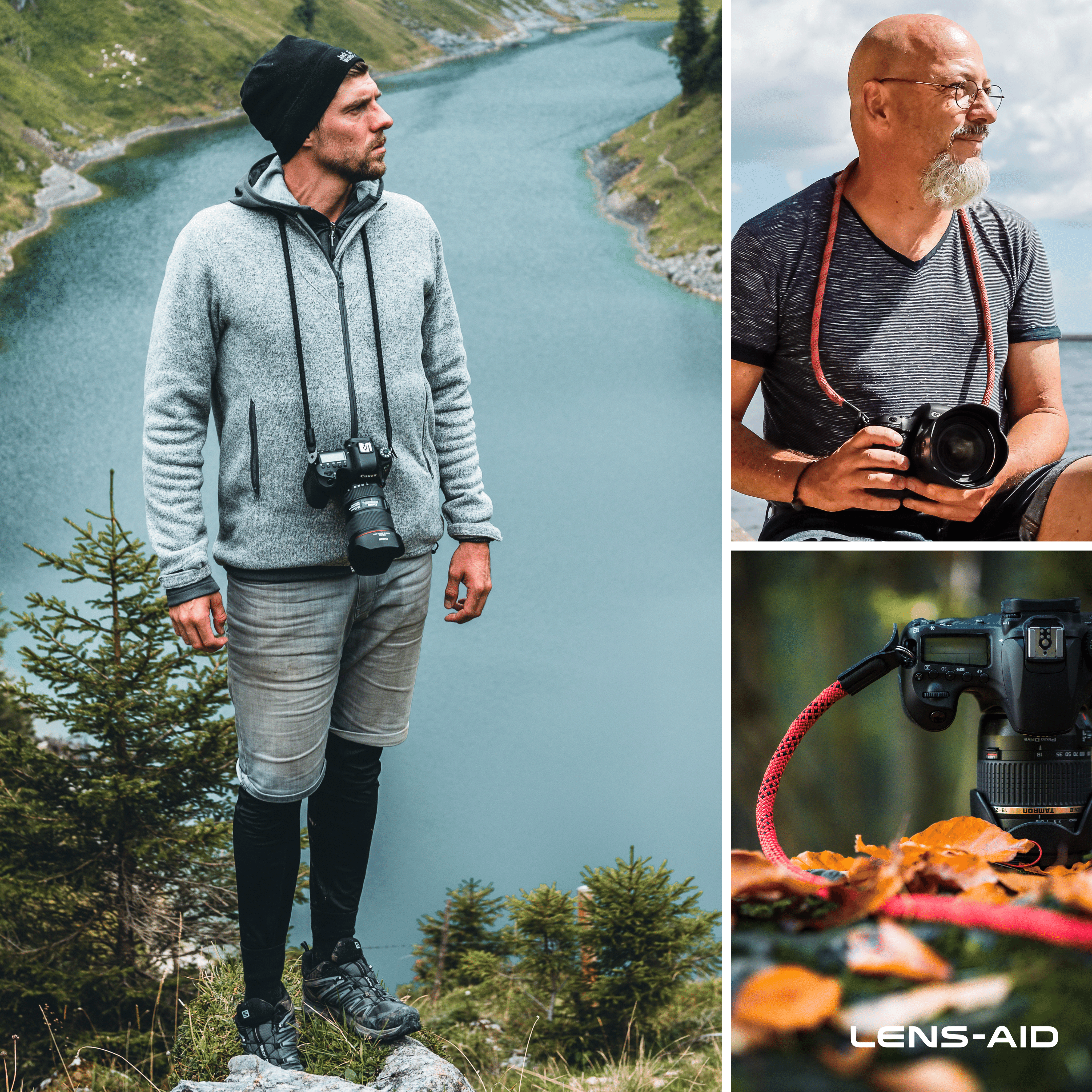 Drei Fotos, die Fotografen mit Kameras an einem See und auf Felsen zeigen, mit rotem Kameragurt.