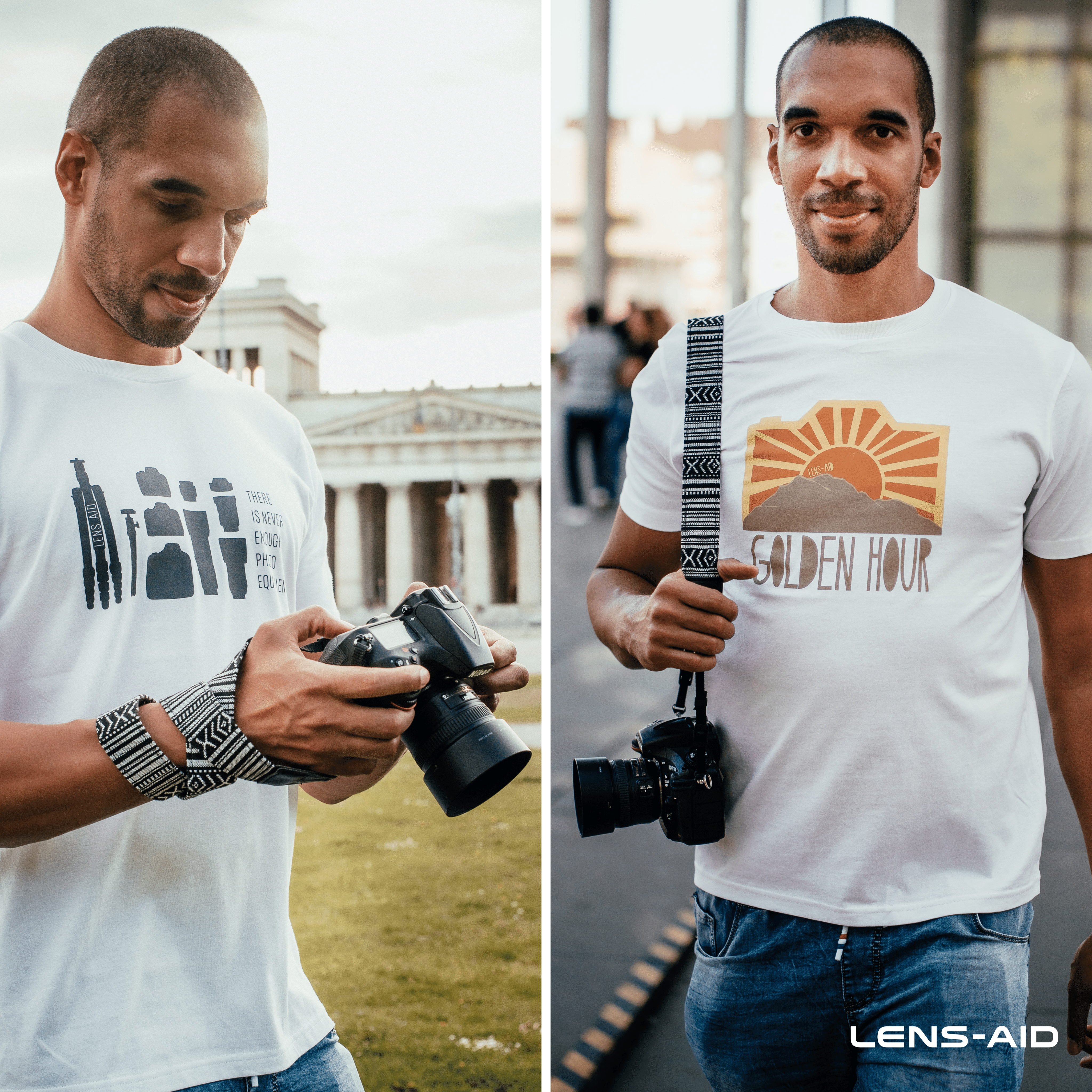 Mann hält eine Kamera, mit Lens-Aid-Logo und Text auf dem Hemd.
