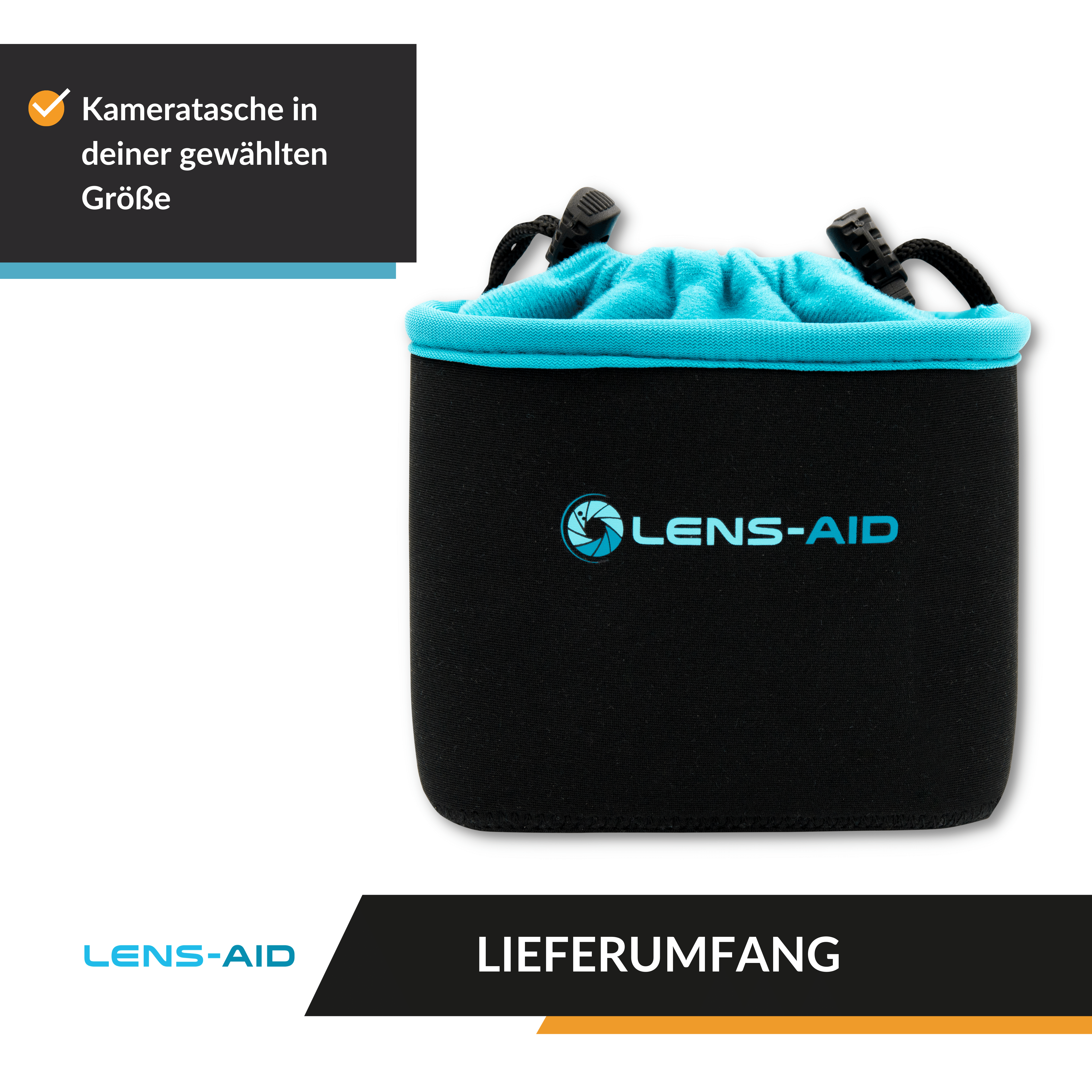 Schwarze und türkisfarbene Kameratasche mit 'LENS-AID'-Logo und Text. Weißer Hintergrund.