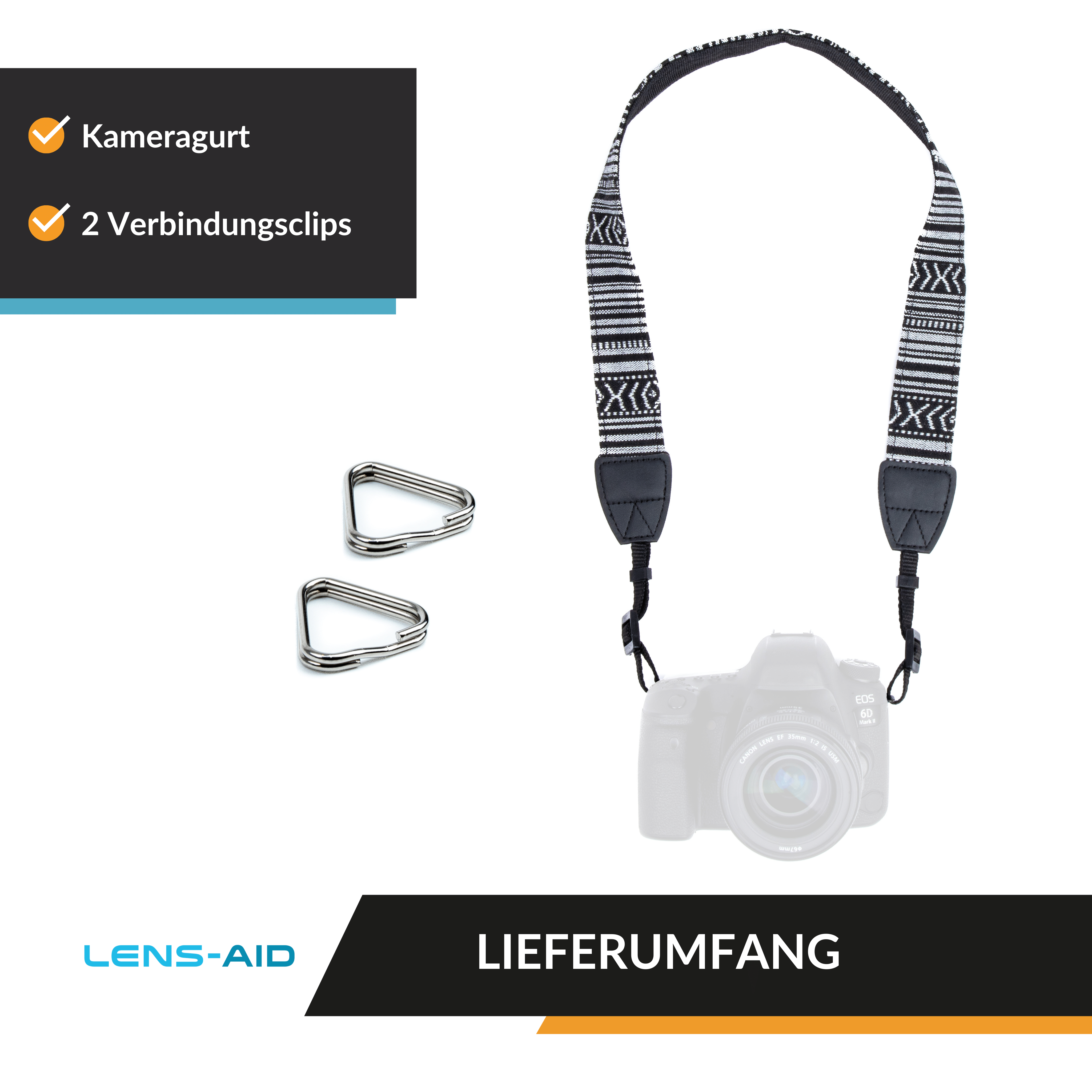 Kameragurt mit Verbindungsclips und LENS-AID-Logo.