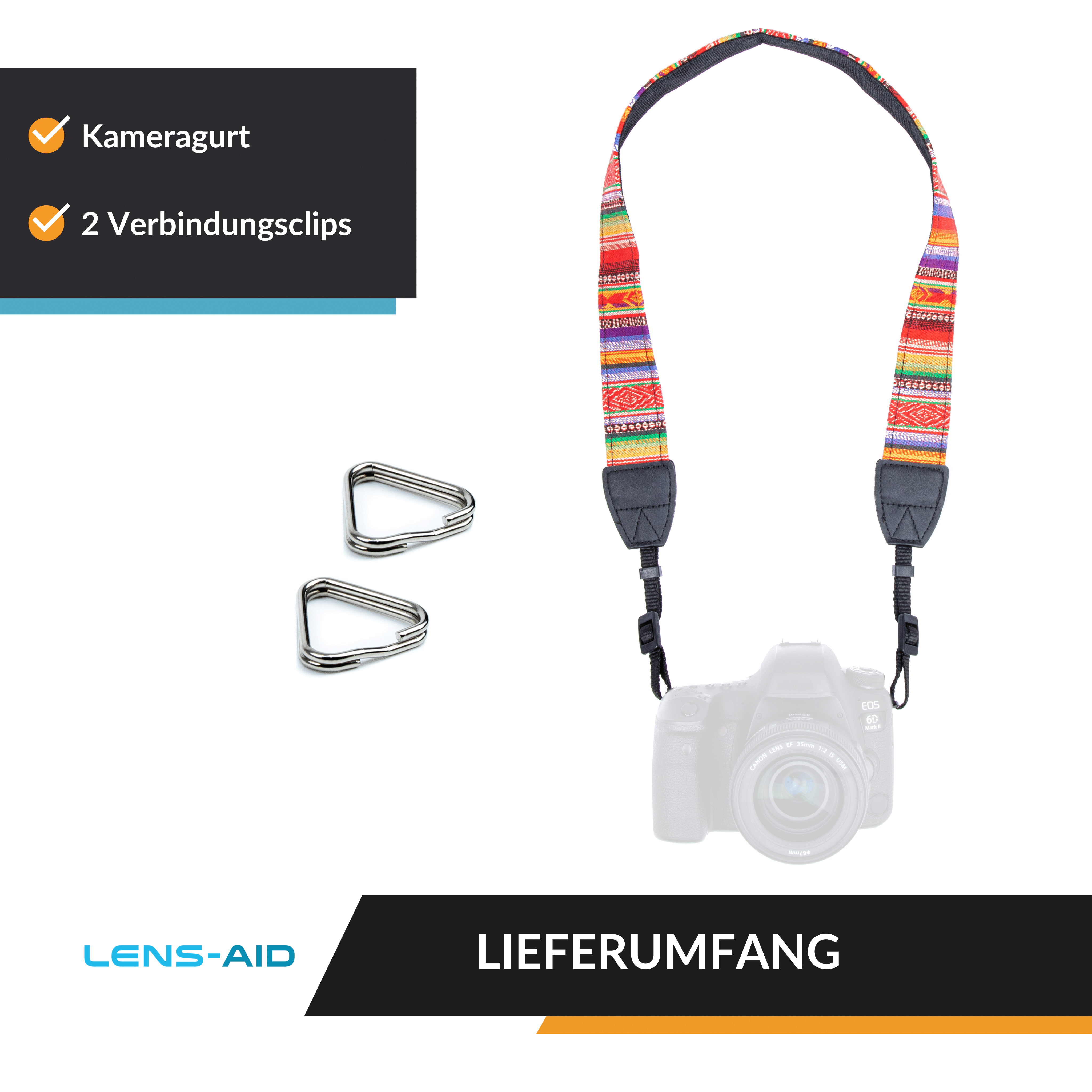 Kameragurt mit buntem Muster, zwei Clips und Text über Lens-Aid.