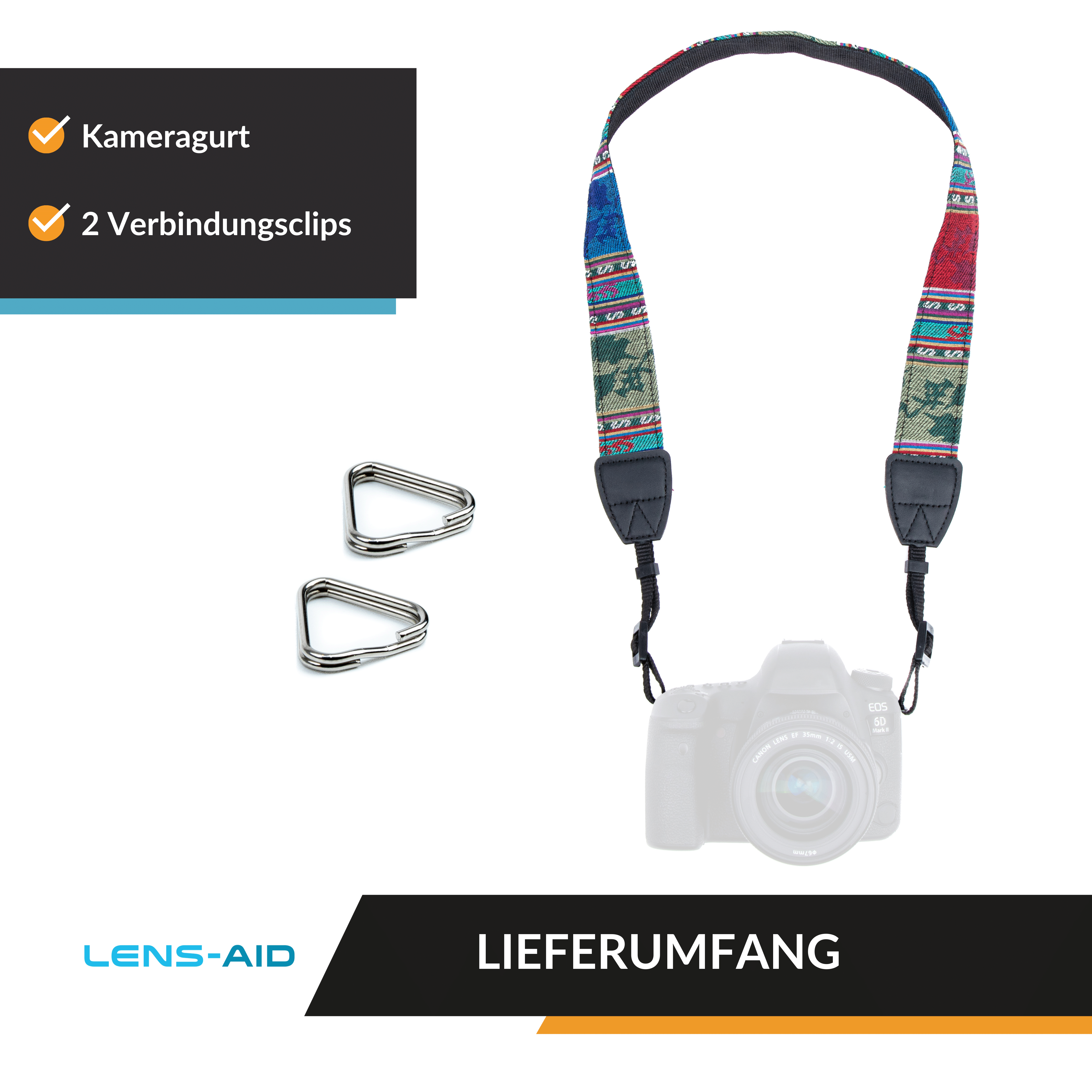 Ein Kameragurt und zwei Verbindungsclips sind auf weißem Hintergrund dargestellt.