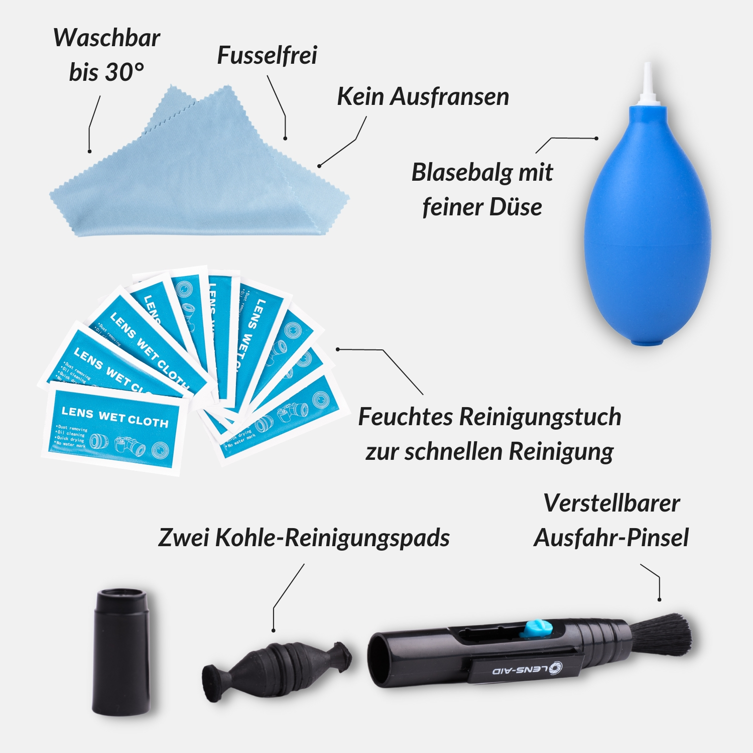 Reinigungsset mit blauen Tüchern, Gebläse, Feuchttüchern und Reinigungspads. Eine Bürste ist ebenfalls abgebildet.