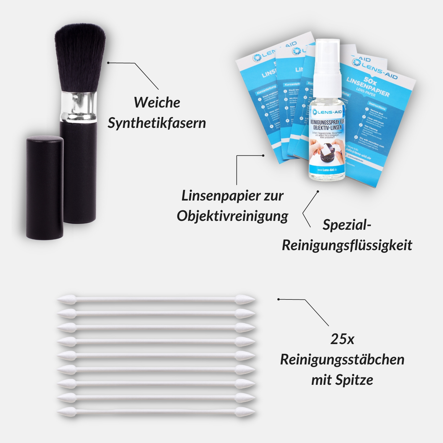 Nahaufnahme eines Linsenreinigungssets mit Pinsel, Reinigungsflüssigkeit und Wattestäbchen.