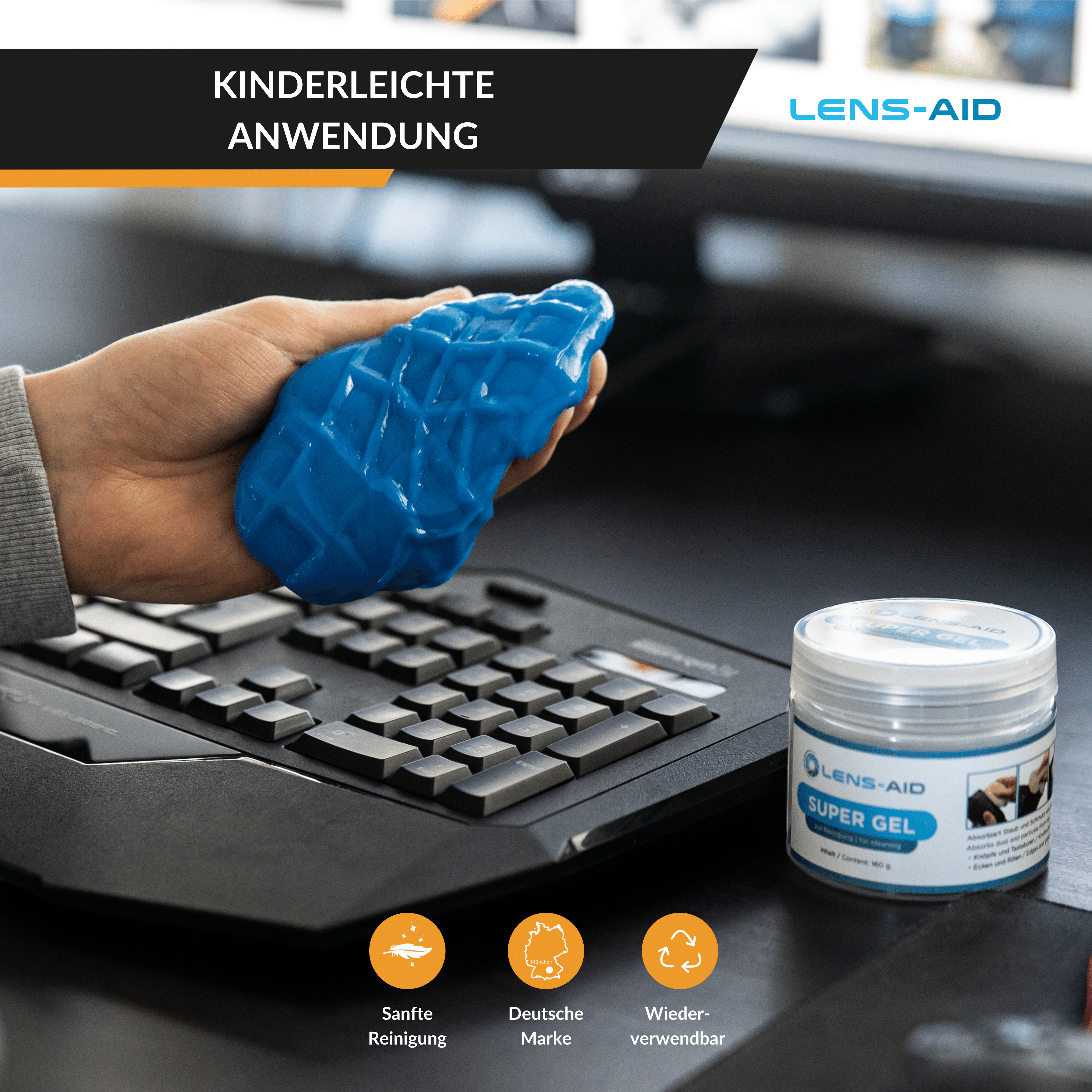 LENS-AID Antibakterielles Reinigungsgel Tastatur, und Tastaturreinigung, für Kamera, blau Laptop