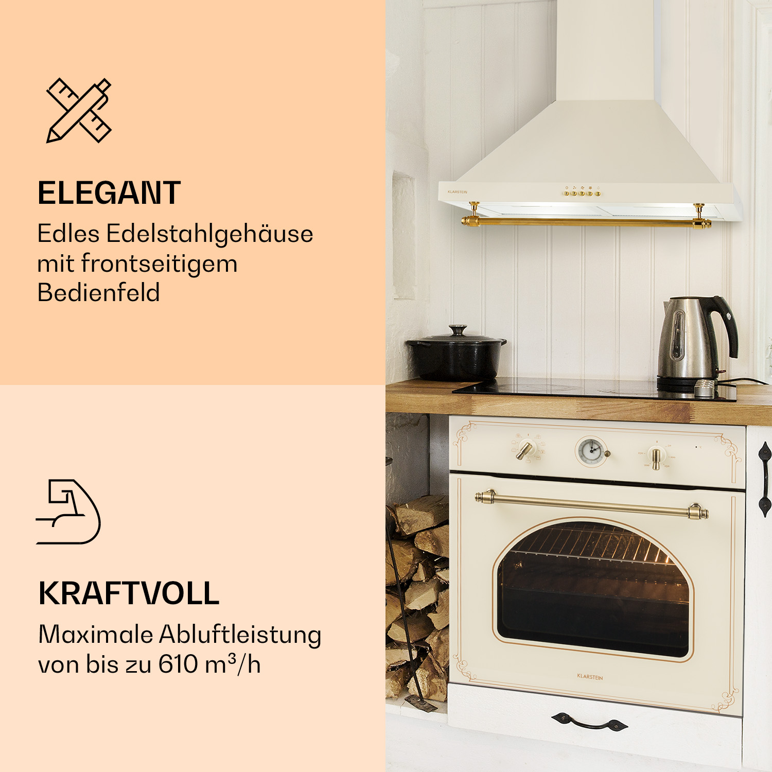 Cucina con cappa, forno e piano di lavoro in legno.