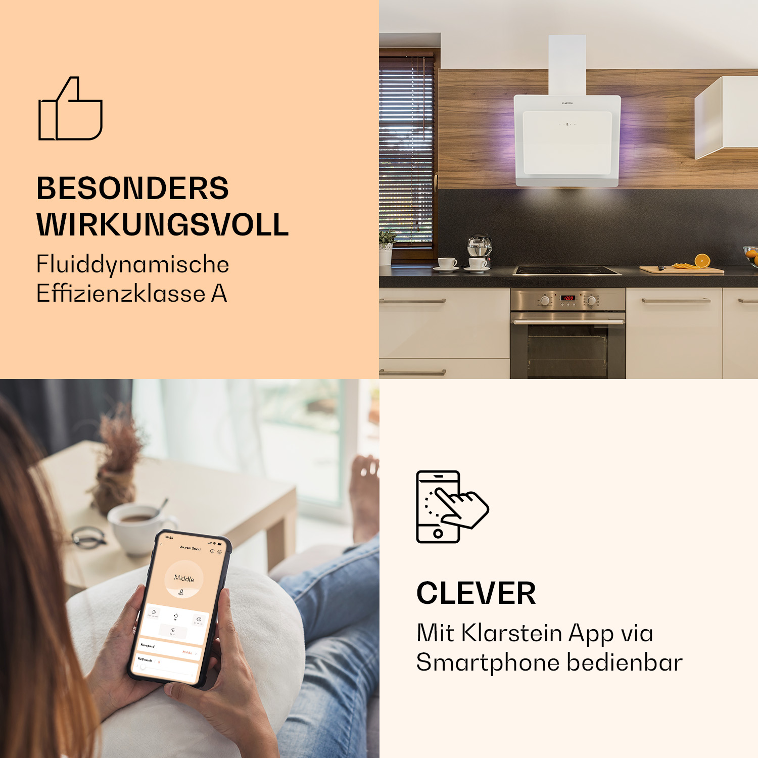 Küchenbild mit einer weißen Dunstabzugshaube und einer Person, die eine Smartphone-App zur Steuerung verwendet.