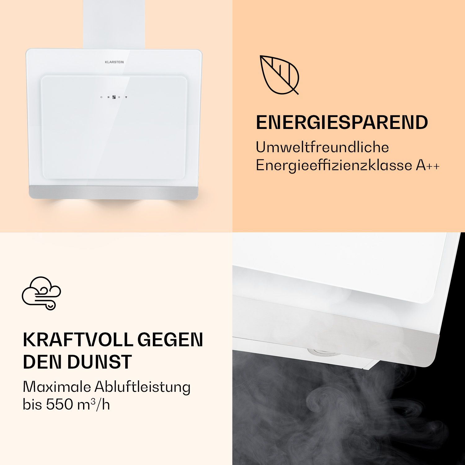 Eine weiße Küchenhaube mit Text über Energieeffizienz und leistungsstarke Luftabsaugung.