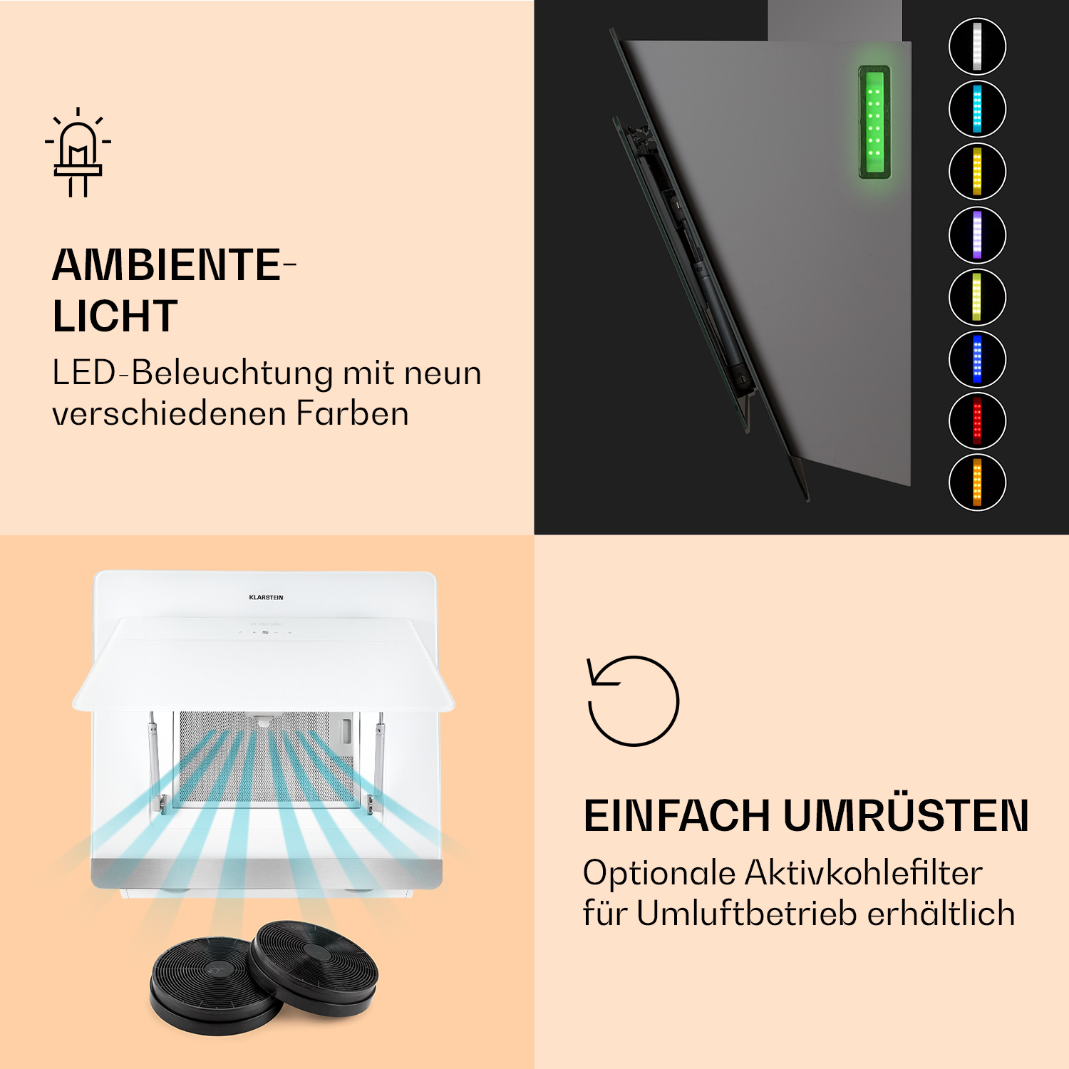 Weiße Küchenhaube mit LED-Beleuchtung und Diagramm mit verschiedenen Lichtfarboptionen.