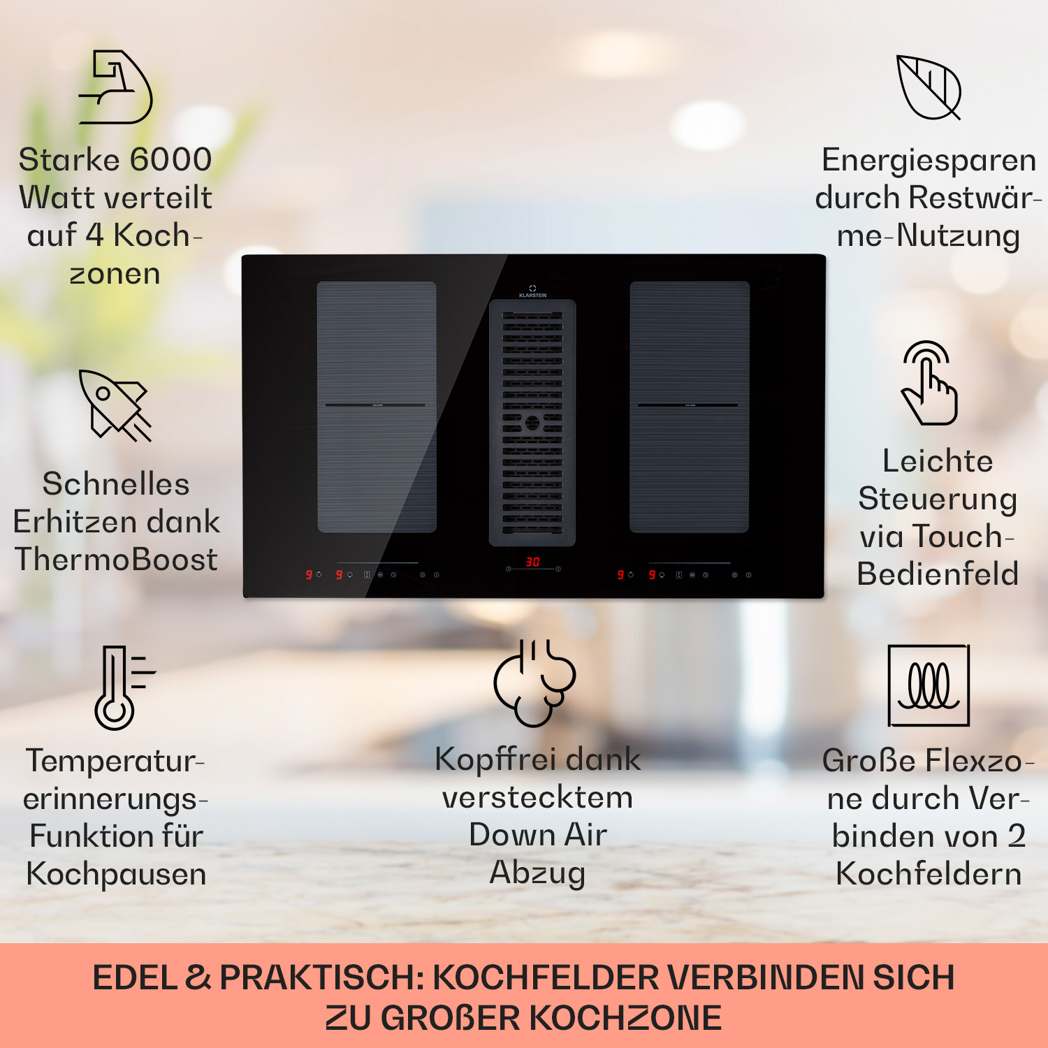 Schwarzes Kochfeld mit 3 Kochfeldern mit Symbolen, Textbeschriftungen und einem Diagramm zu Funktionen.