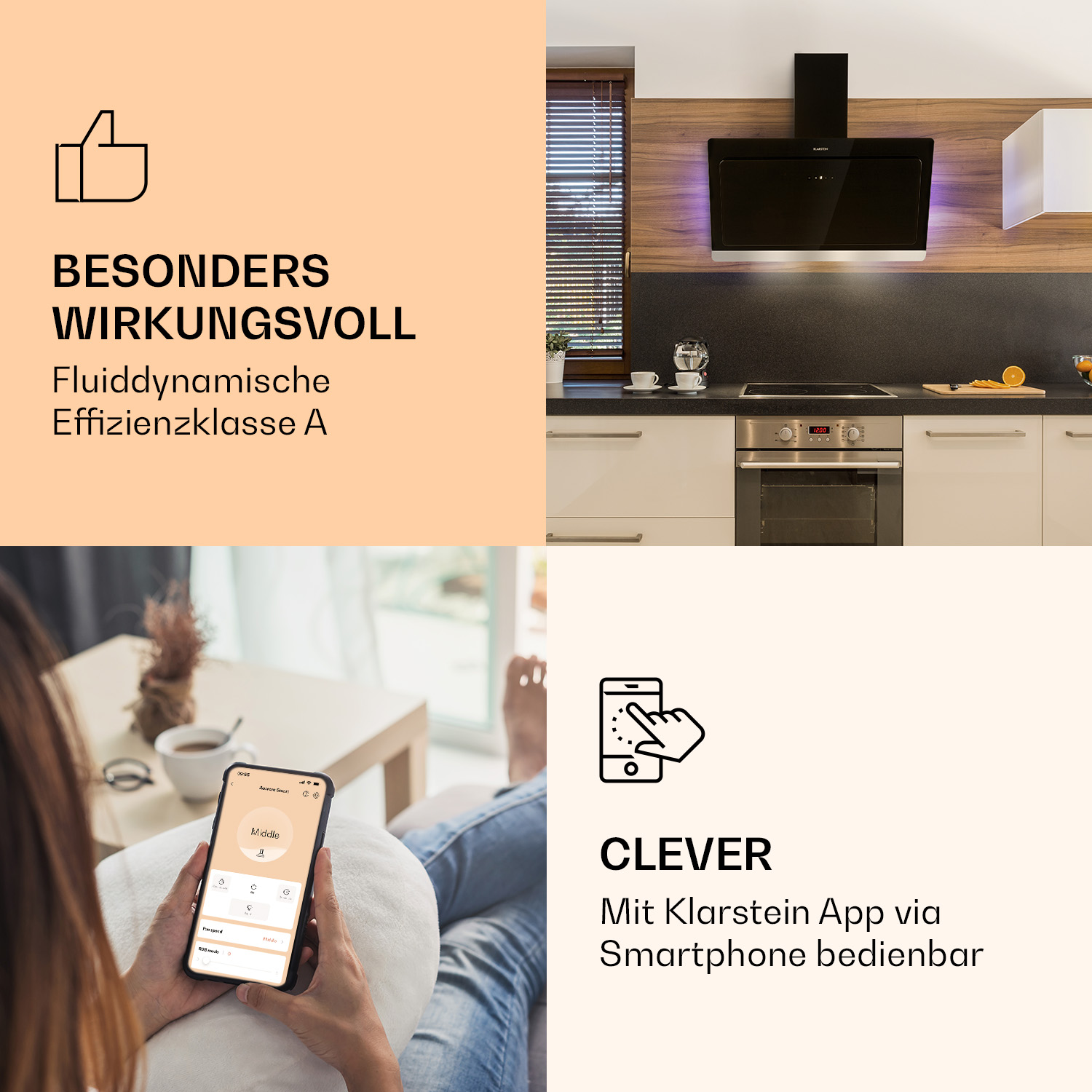 Küchenszene mit Dunstabzugshaube und Frau, die ein Smartphone zur Steuerung nutzt.