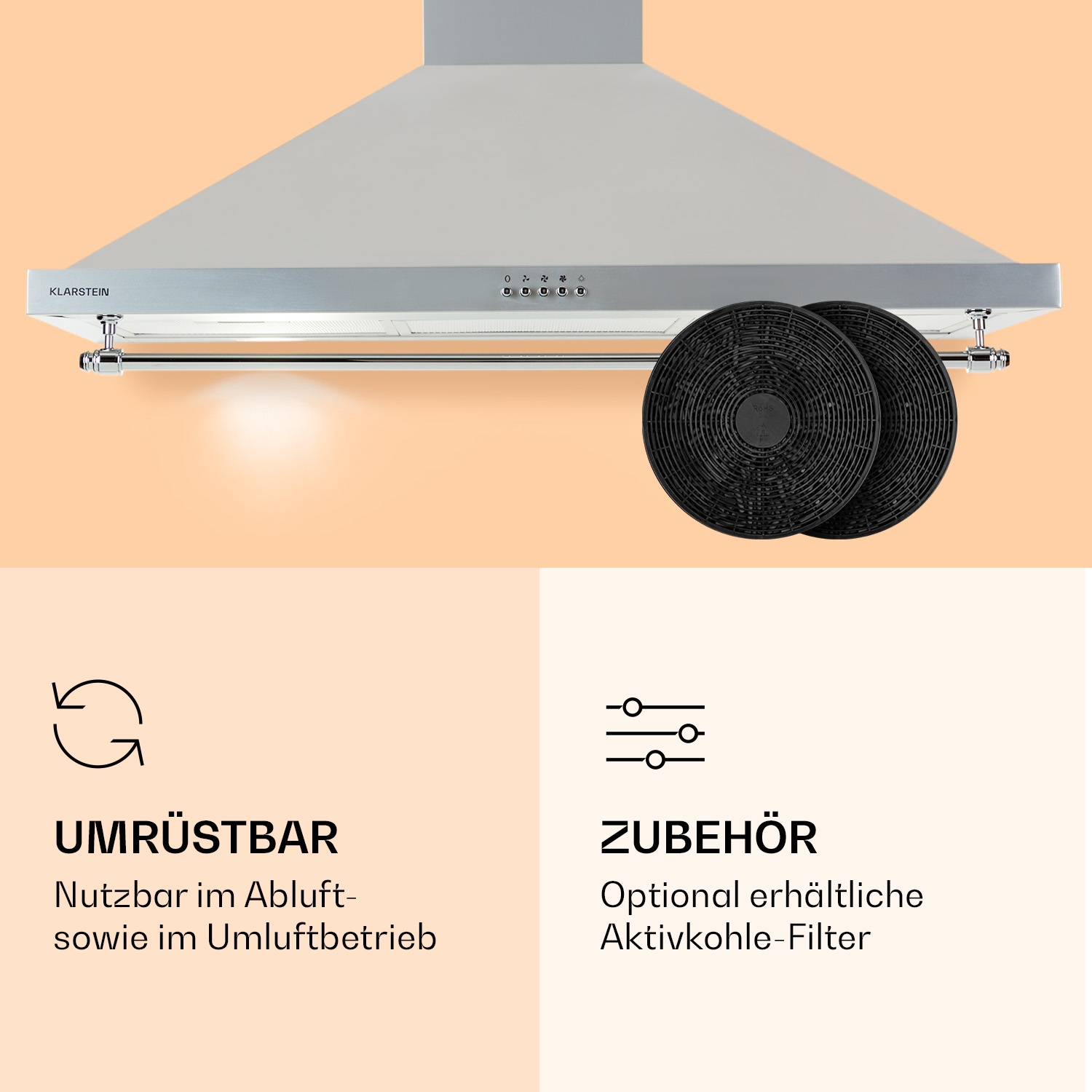 Cappa da cucina argentata, due filtri a carbone nero e testo informativo.