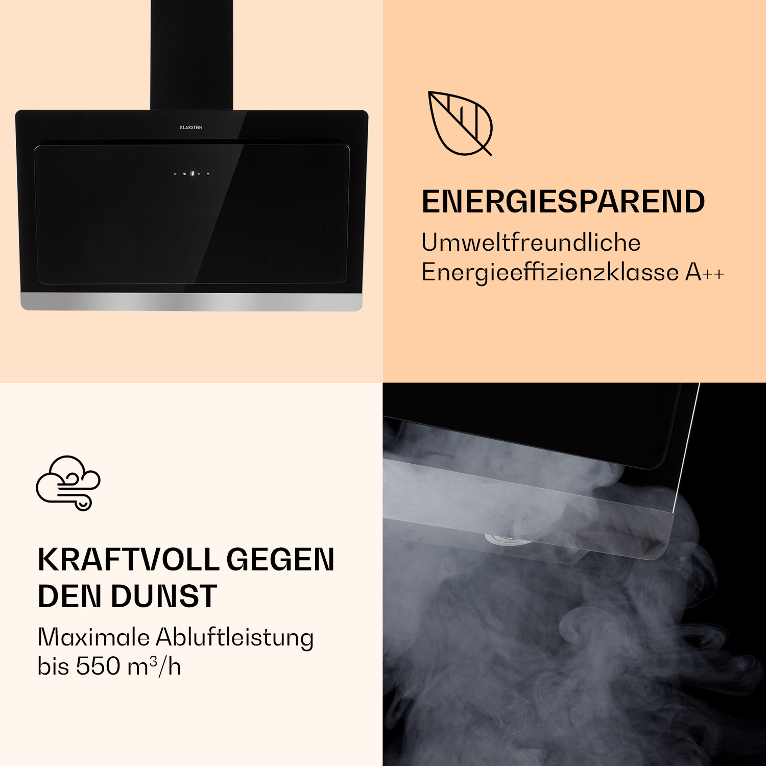 Schwarze Dunstabzugshaube mit Text, Blattsymbol und Nahaufnahme der Rauchextraktion in der Küche.