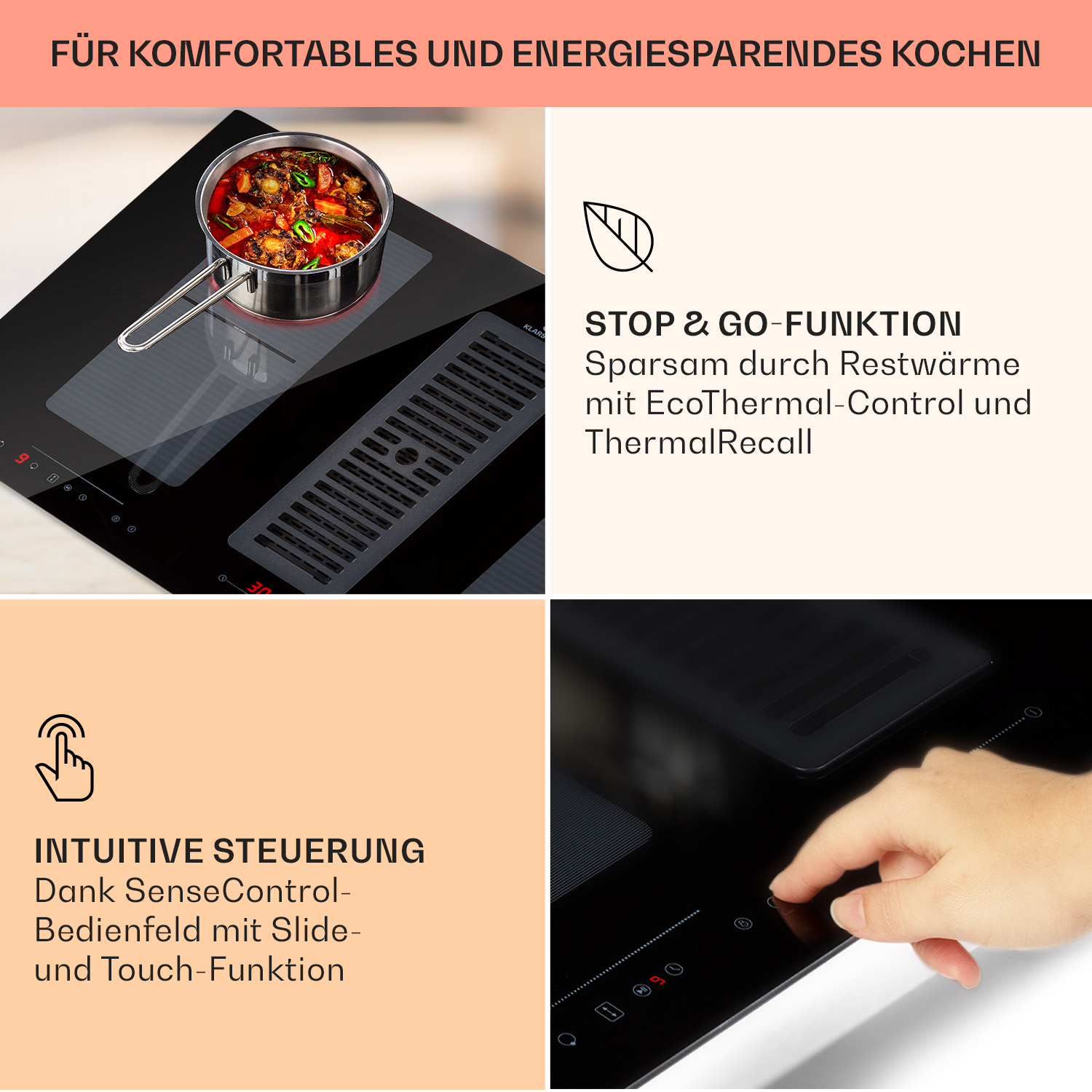 Nahaufnahme einer Kochplatte mit Pfanne und Hand, die Touch-Funktionen nutzt. Weißer Hintergrund.