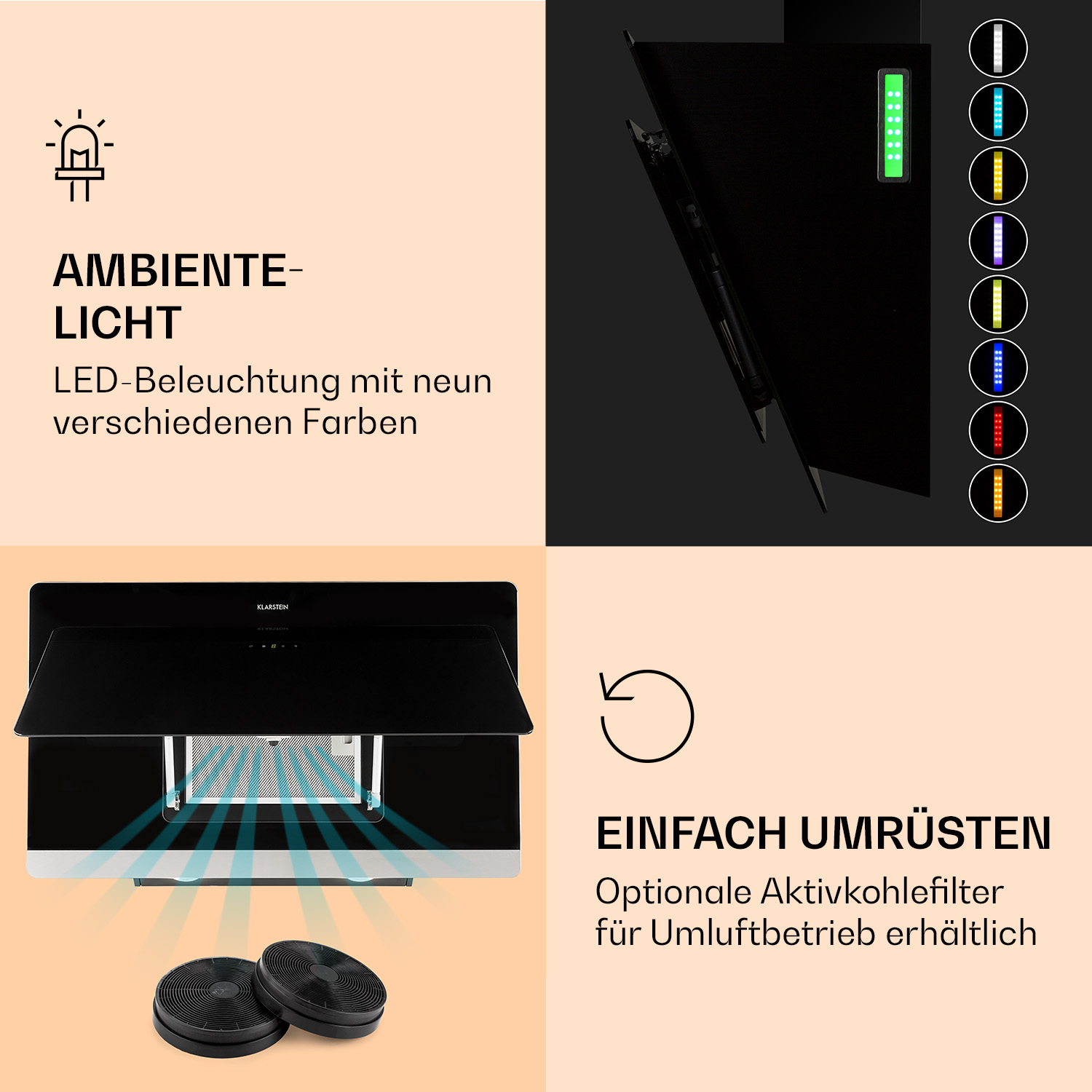 Eine schwarze Küchenhaube mit Lichtern und Text. Zwei Filterpatronen darunter.