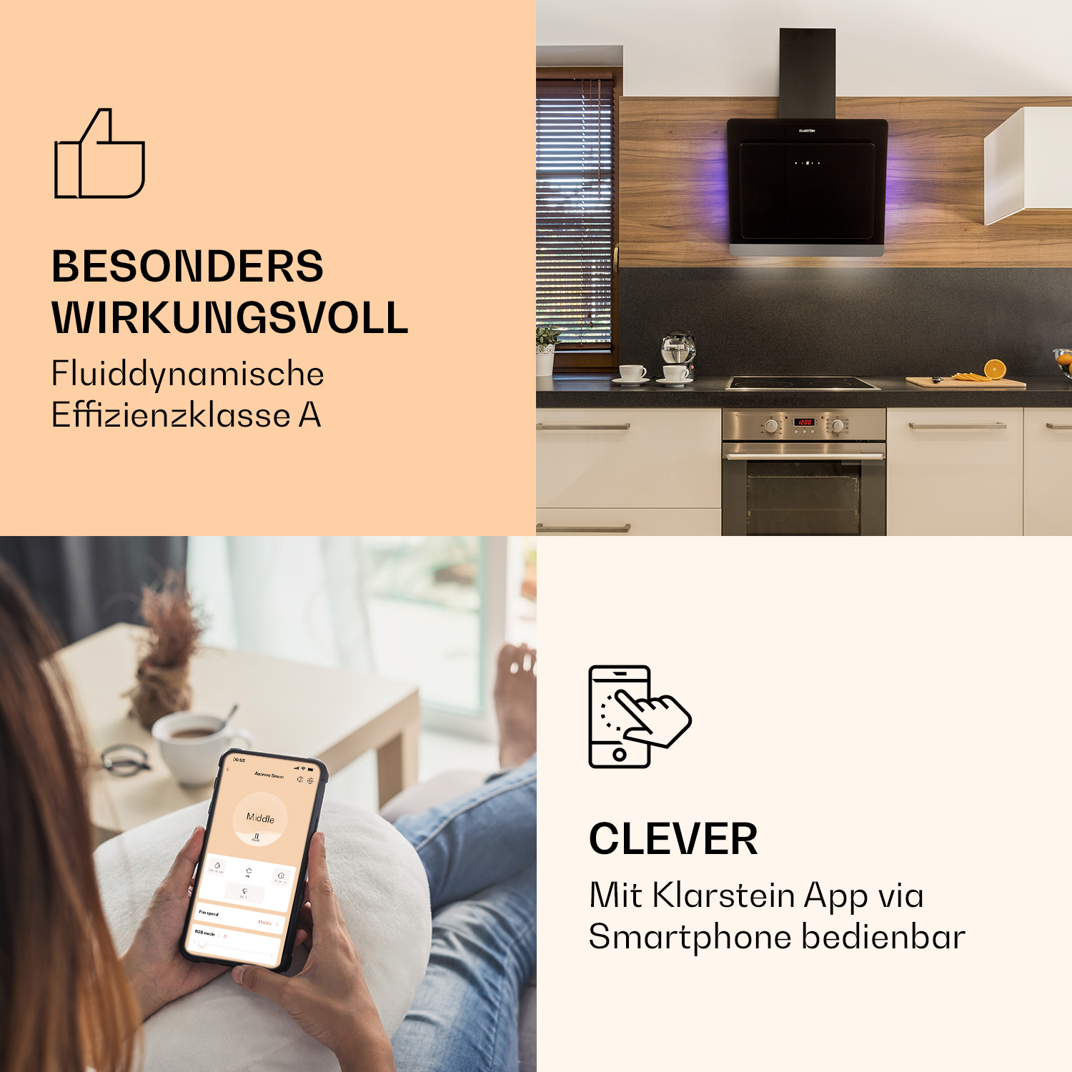 Eine Küche mit Dunstabzugshaube, ein Smartphone mit App und Text, der die Funktionen beschreibt.